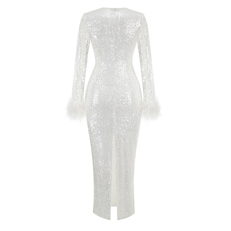 Women's Fashion Temperament Crew Neck Casual Feather Long Sleeve Sequins Dress