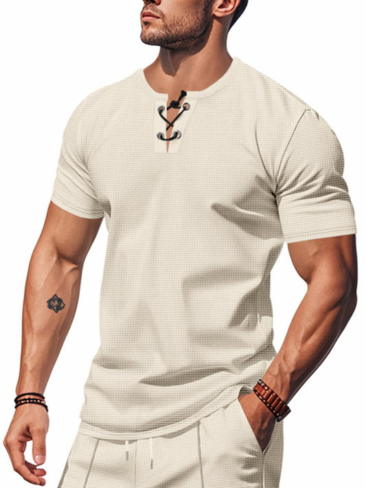 Men's Full Size Lace-Up Neck T-Shirt Plus Size