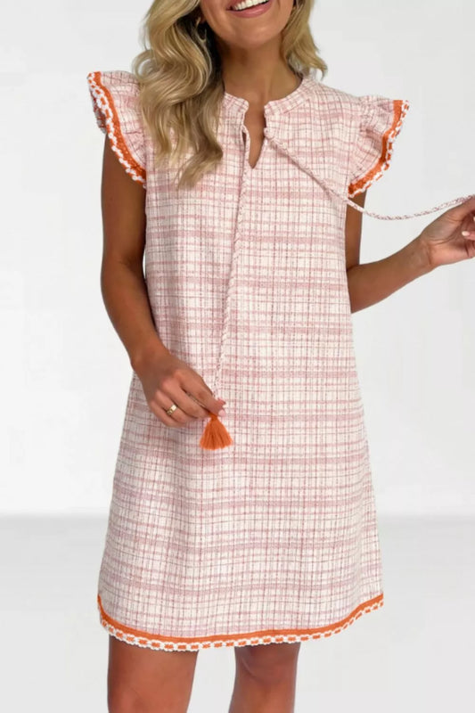 Jacquard Textured Contrast Trim Short Sleeve Tassel Tie Shift Dress