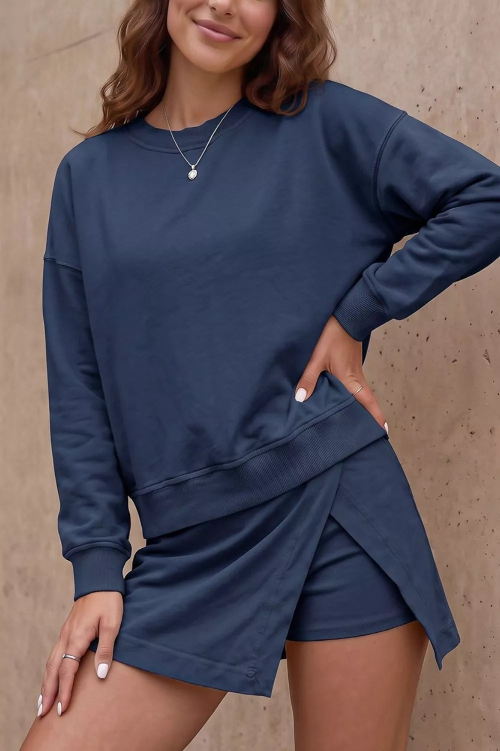 Solid Color Long Sleeve Top Split Skort 2pcs Outfit