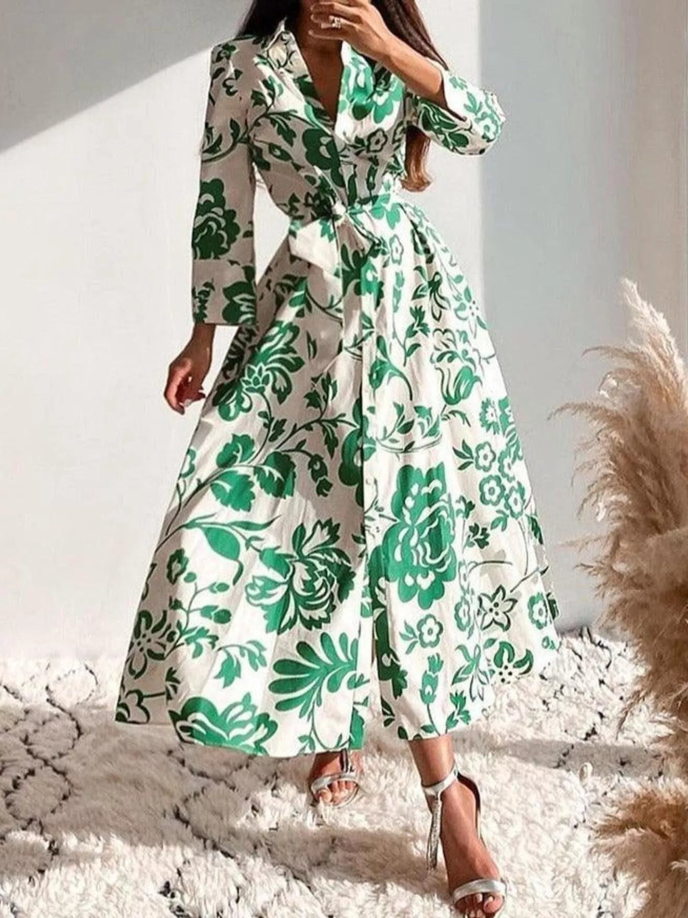 Elegant Floral Print Shirt Dress with Belt