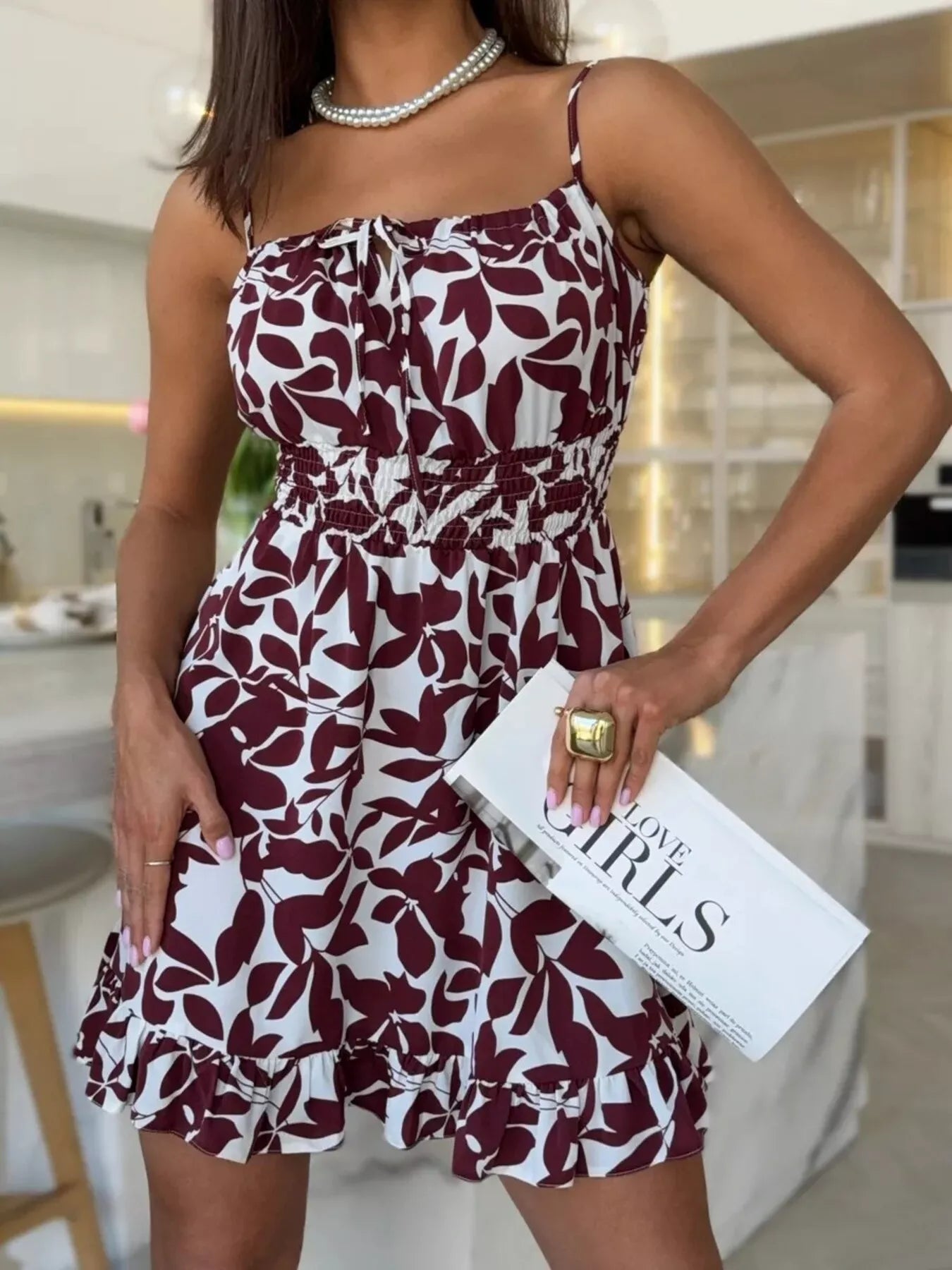 Spaghetti Strap Ruffle Hem Mini Dress with Abstract Print