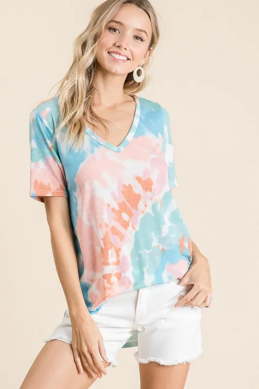 BiBi Circular Tie Dye Print V Neck Top