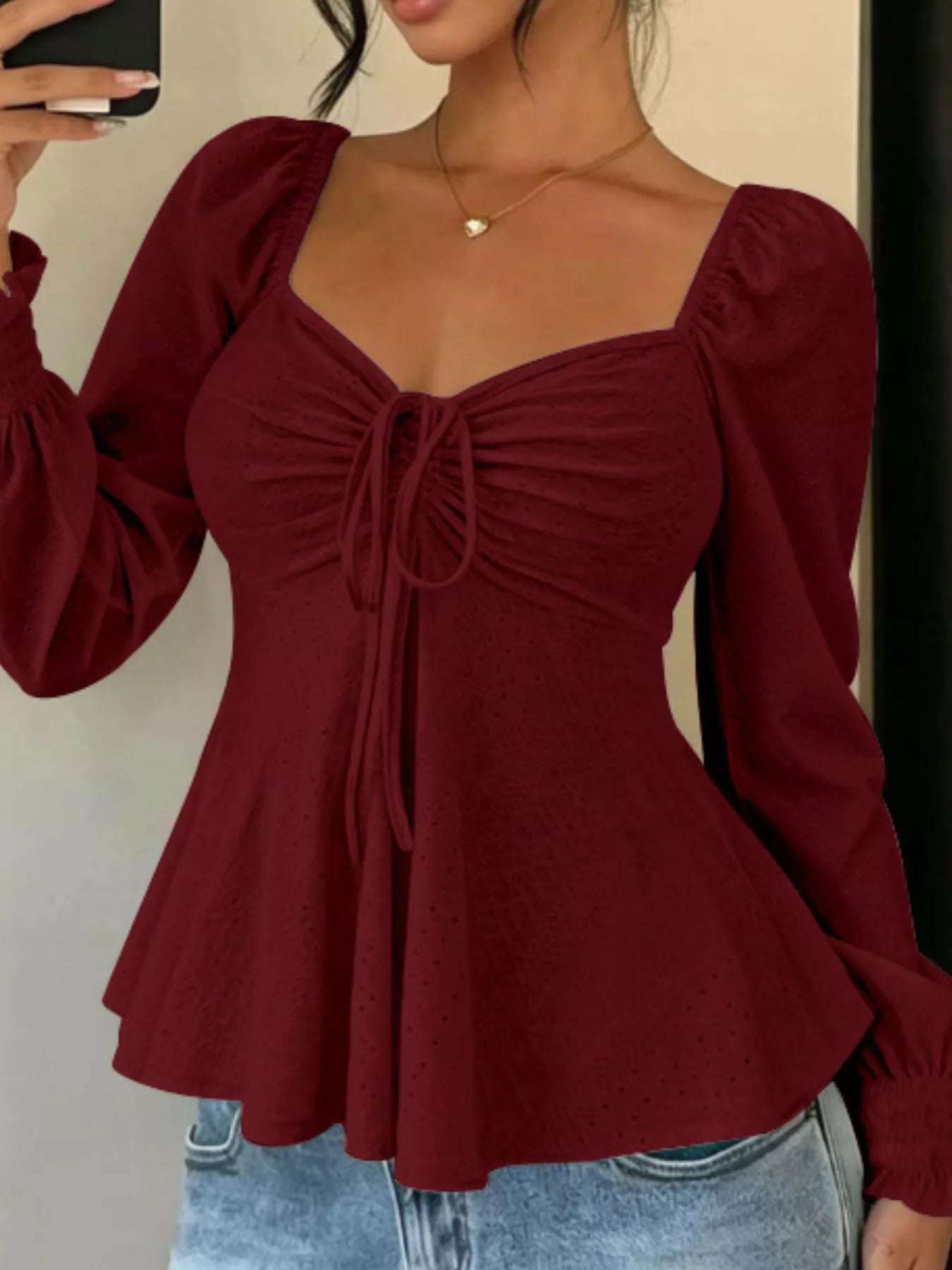 Ruched Sweetheart Neck Long Sleeve Top