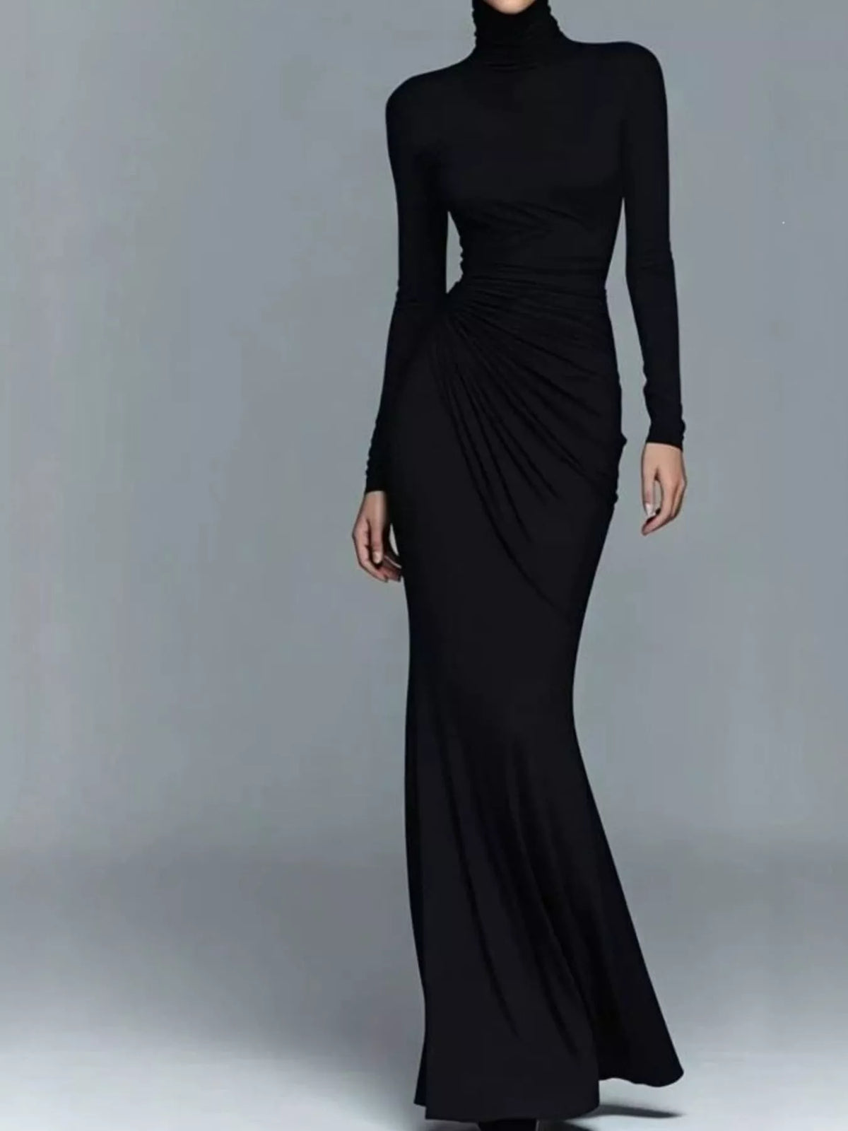 Turtleneck Long-Sleeve Ruched Maxi Dress