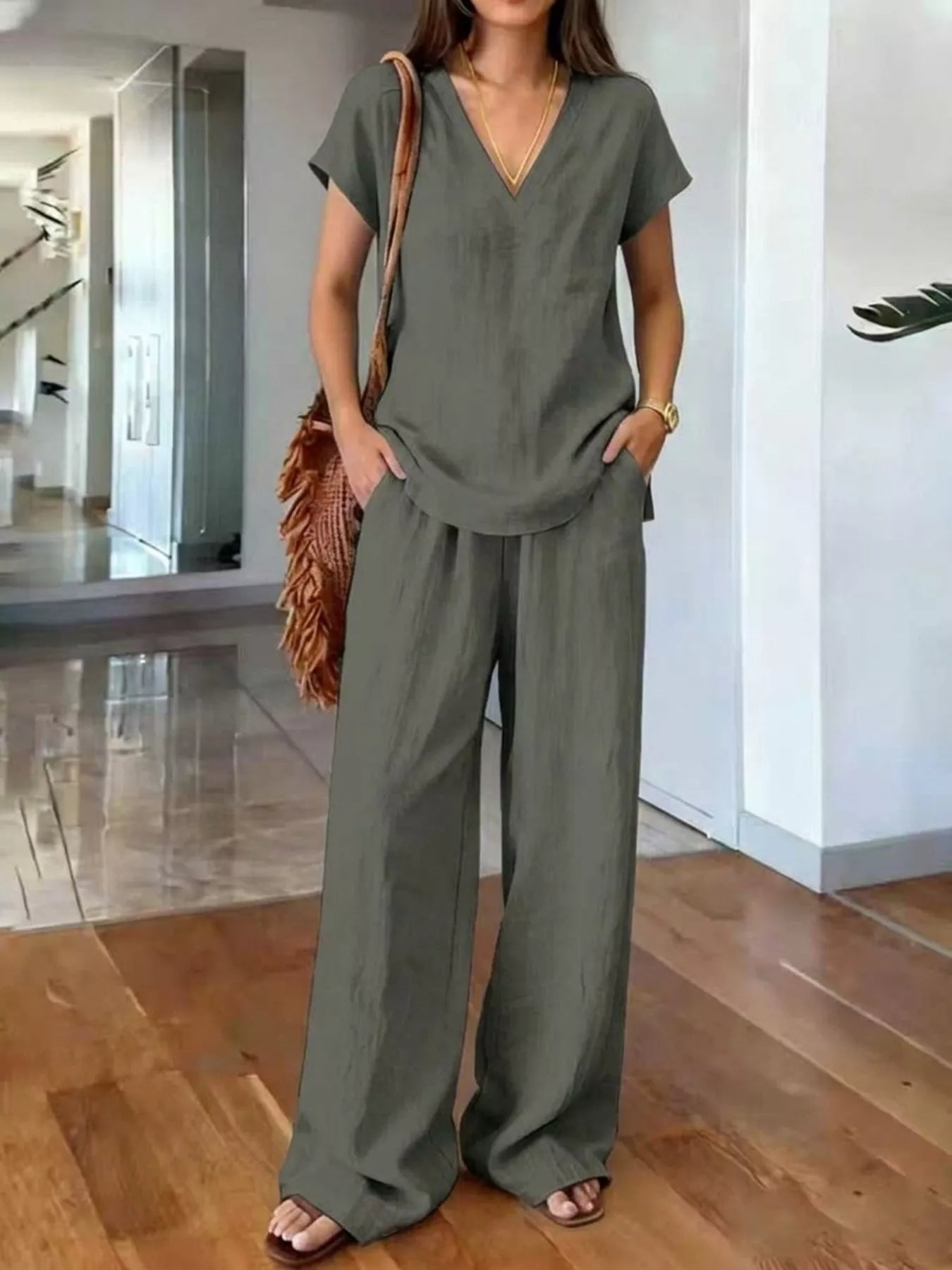 Full Size V-Neck Short Sleeve Top and Pants Set Plus Size