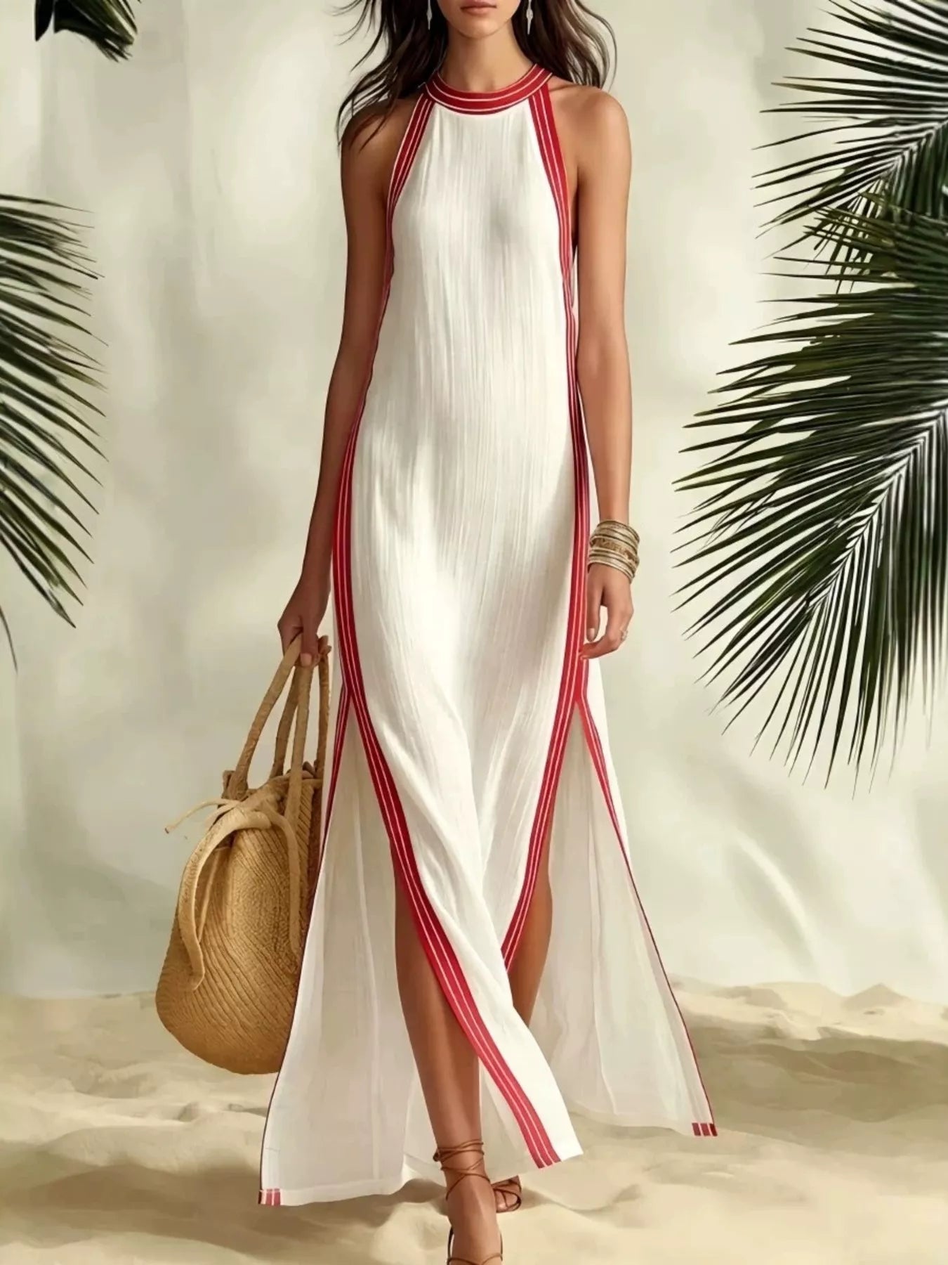 Full Size Slit Striped Sleeveless Maxi Dress Plus Size