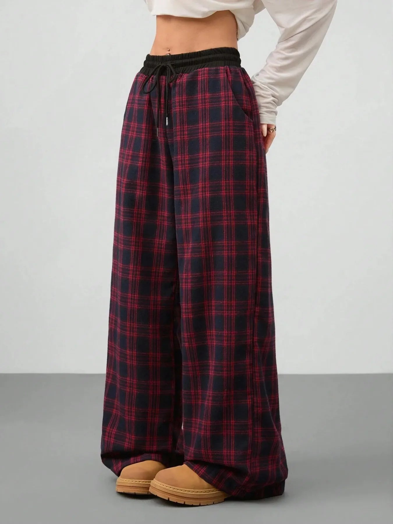 Plaid Wide Leg Pants with Drawstring Waist