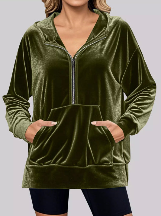 Full Size Velvet Half Zip Hoodie with Kangaroo Pocket Plus Size