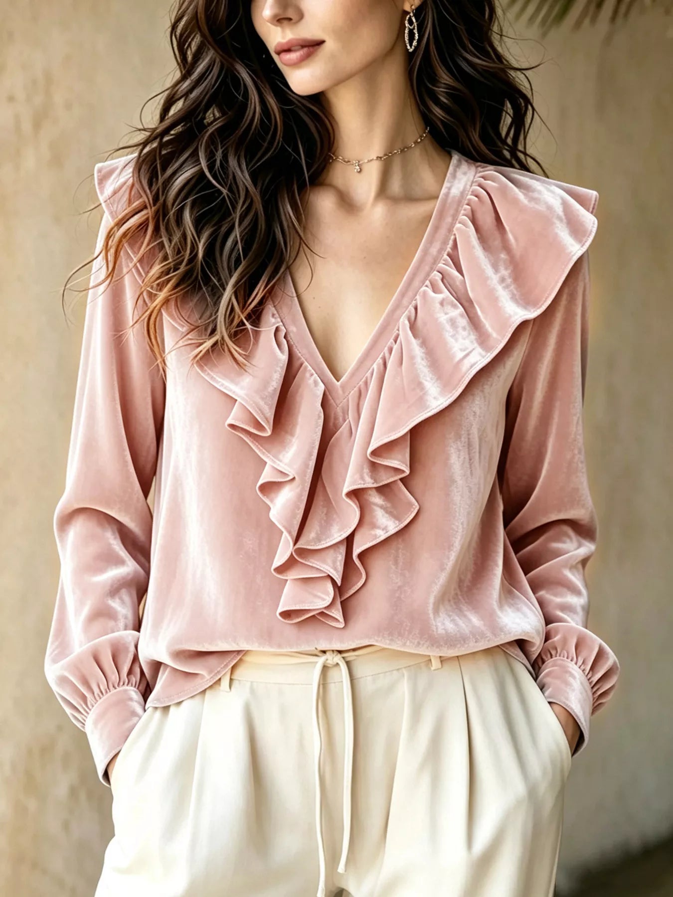 Ruffled V-Neck Long Sleeve Blouse
