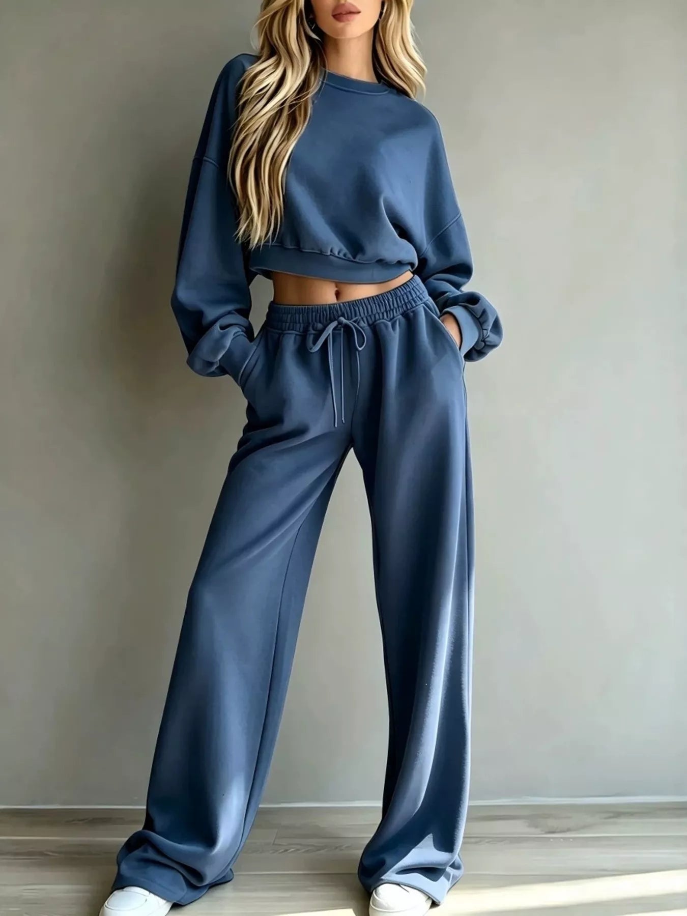 Round Neck Cropped Sweatshirt and Wide-Leg Pants Set
