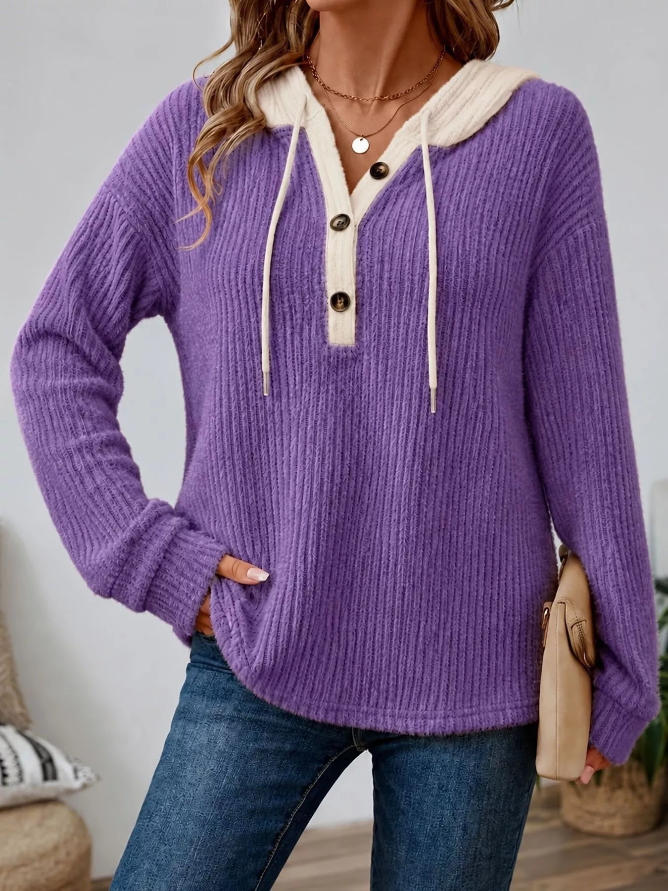 Full Size Drawstring Button Detail Hooded Sweater Plus Size