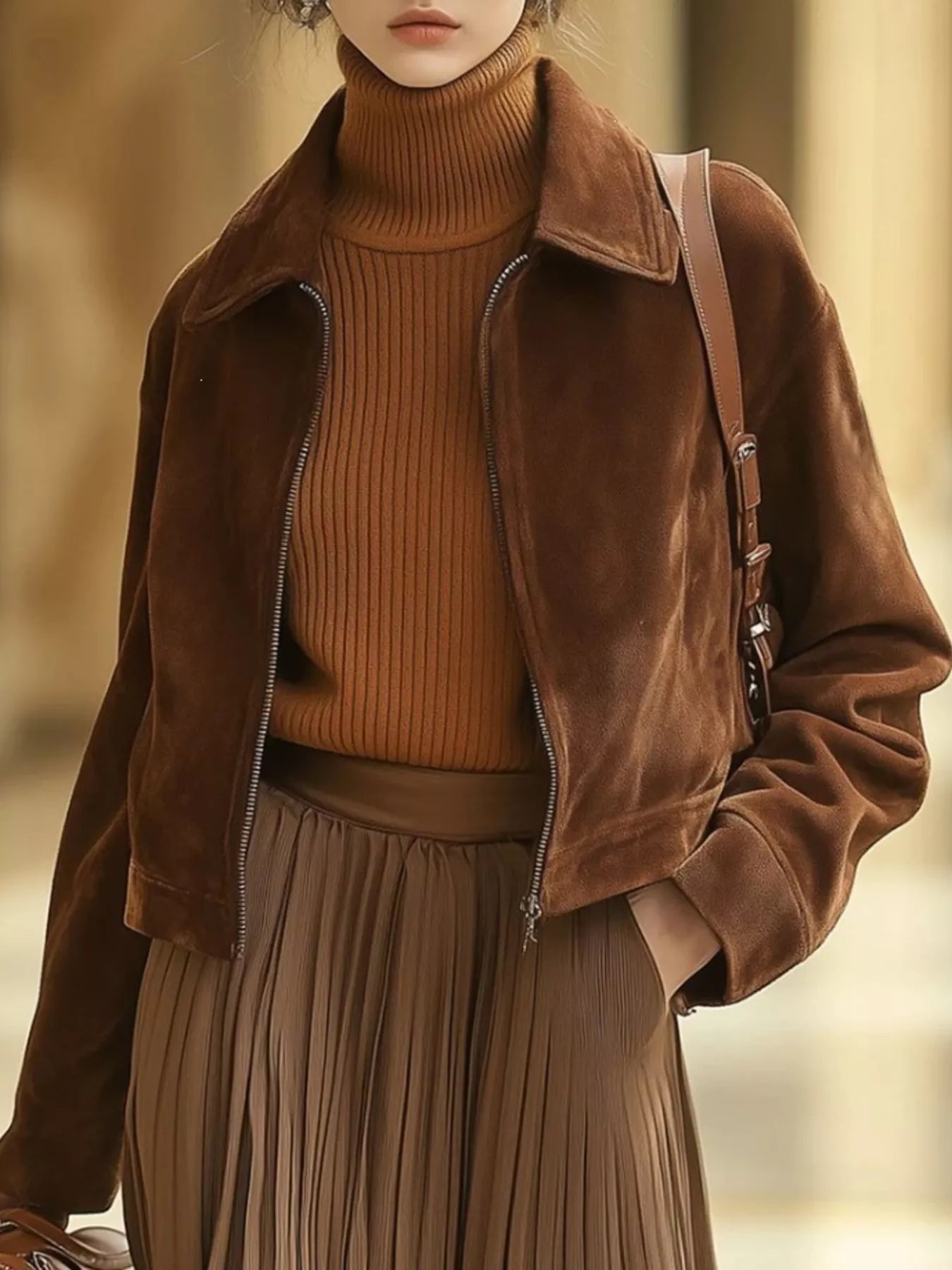 Vintage Suede Zip-Up Cropped Jacket
