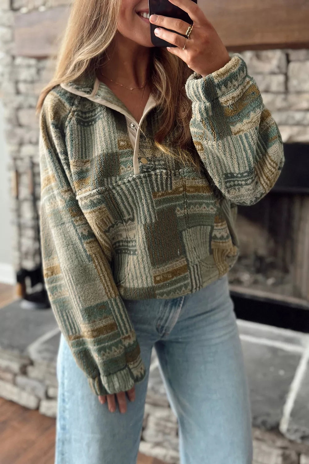 Western Print Fleece Long Sleeve Casual Fit Sweatshirt