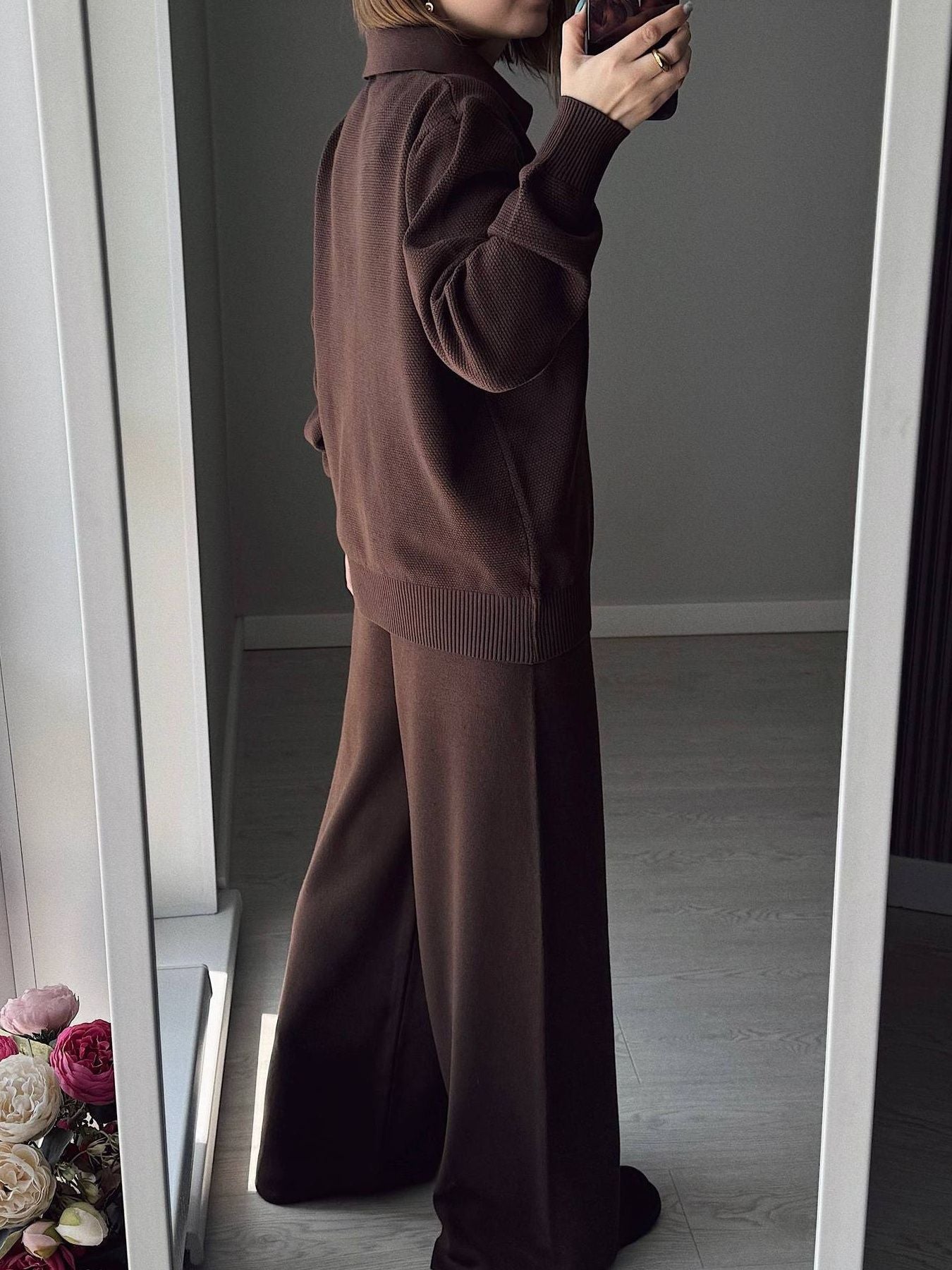 Polo Collar Top and Pants or Skirt Knit Set