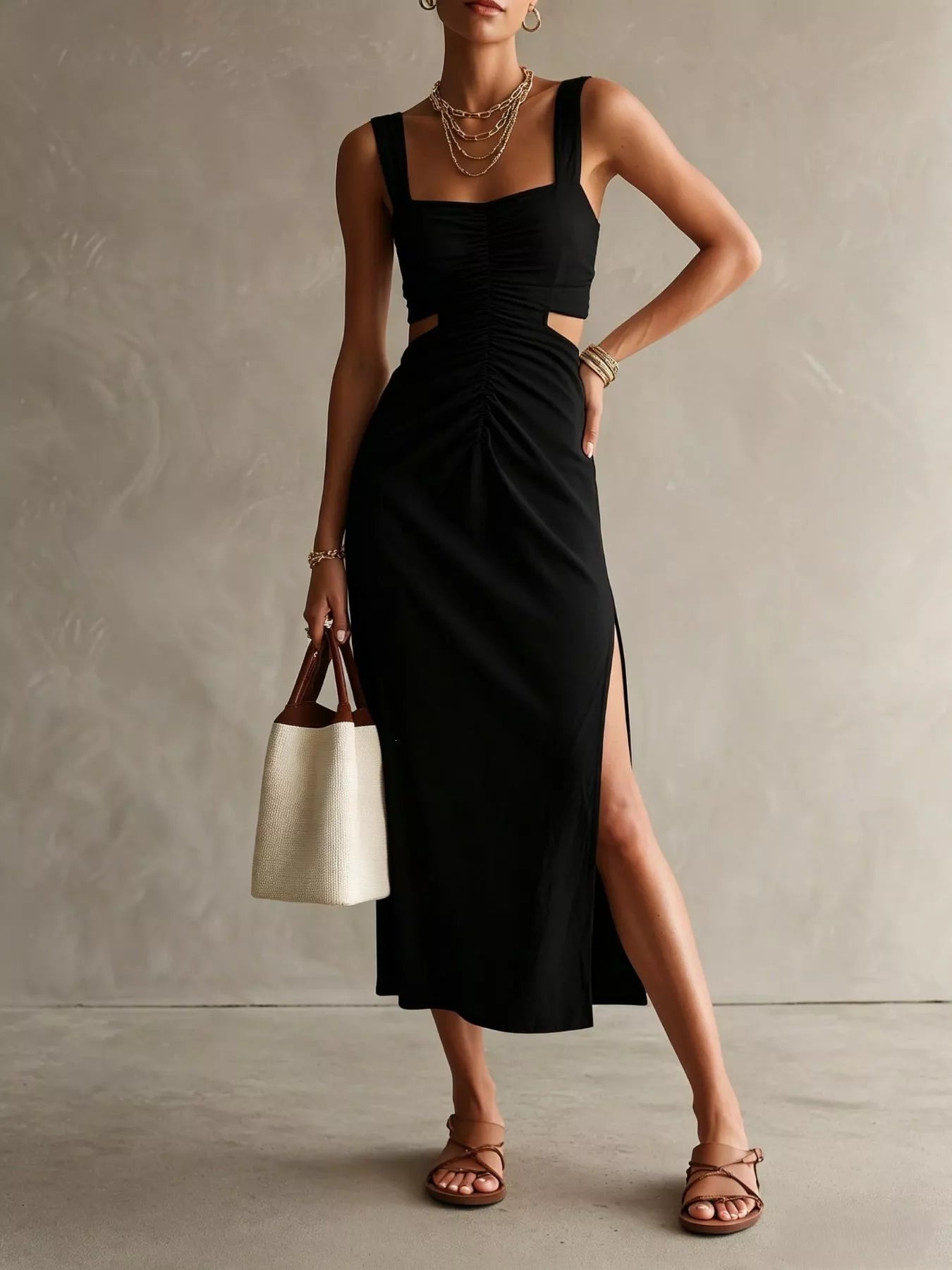 Ruched Cut-Out Midi Dress