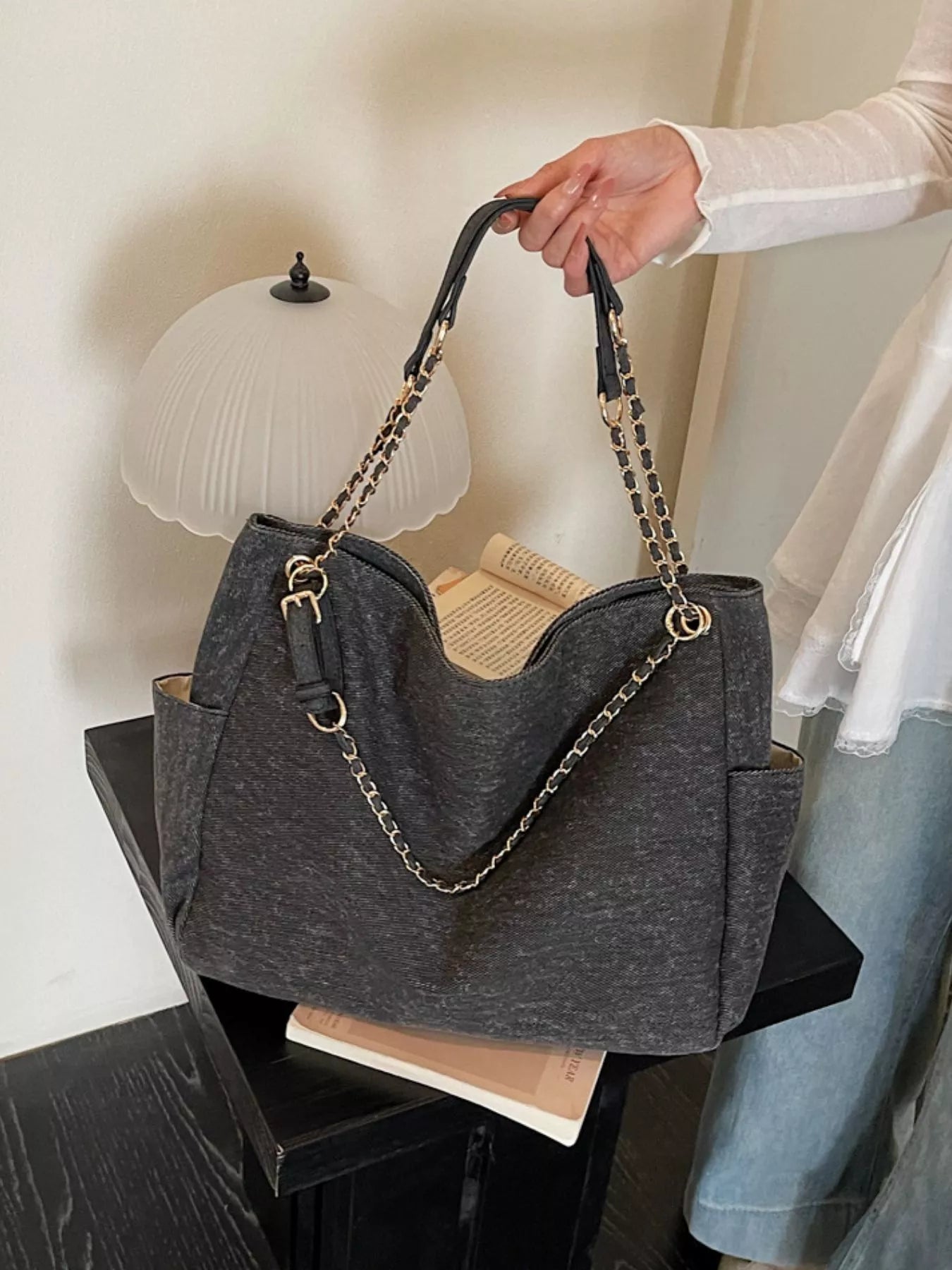 Denim Shoulder Bag with Chain Strap