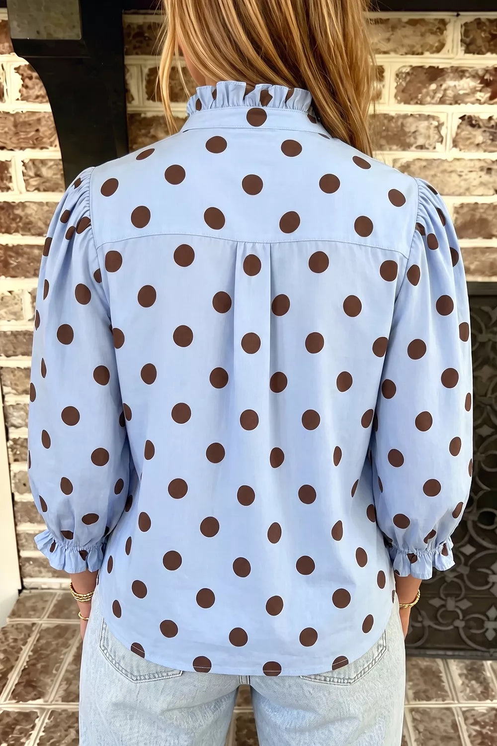 Polka Dot Ruffled Stand-Collar Shirt