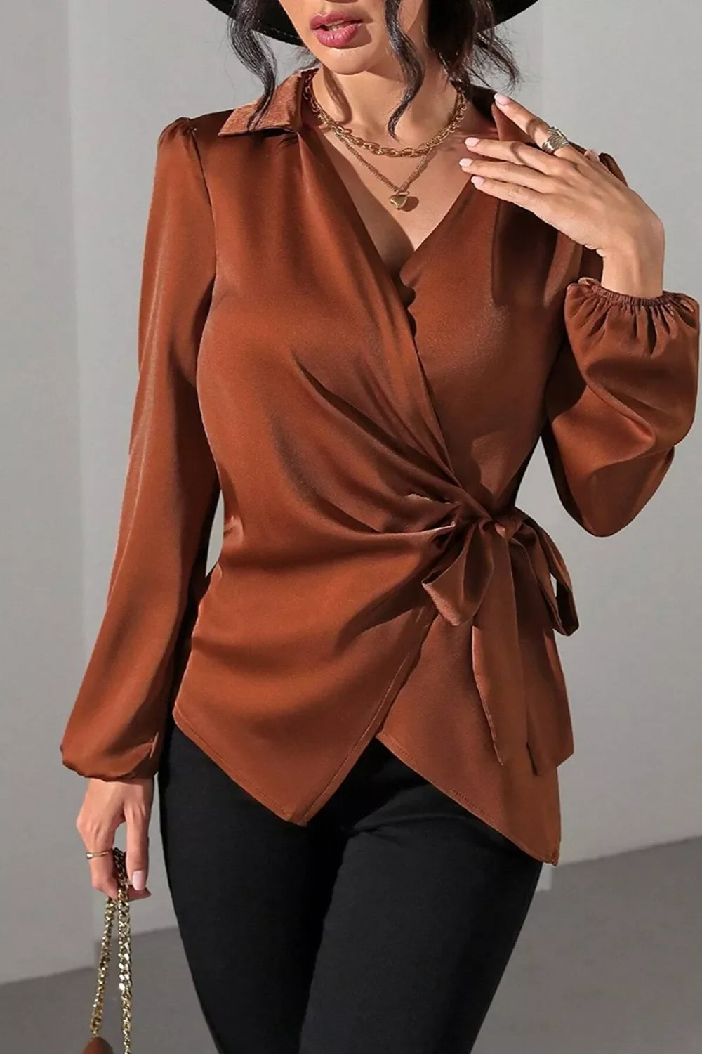 Satin Tied Detail Long Sleeve Blouse