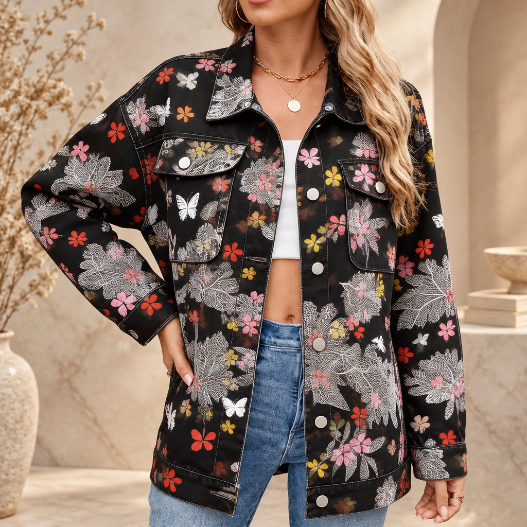 Women's Botanical Print Drop-Shoulder Denim Jacket