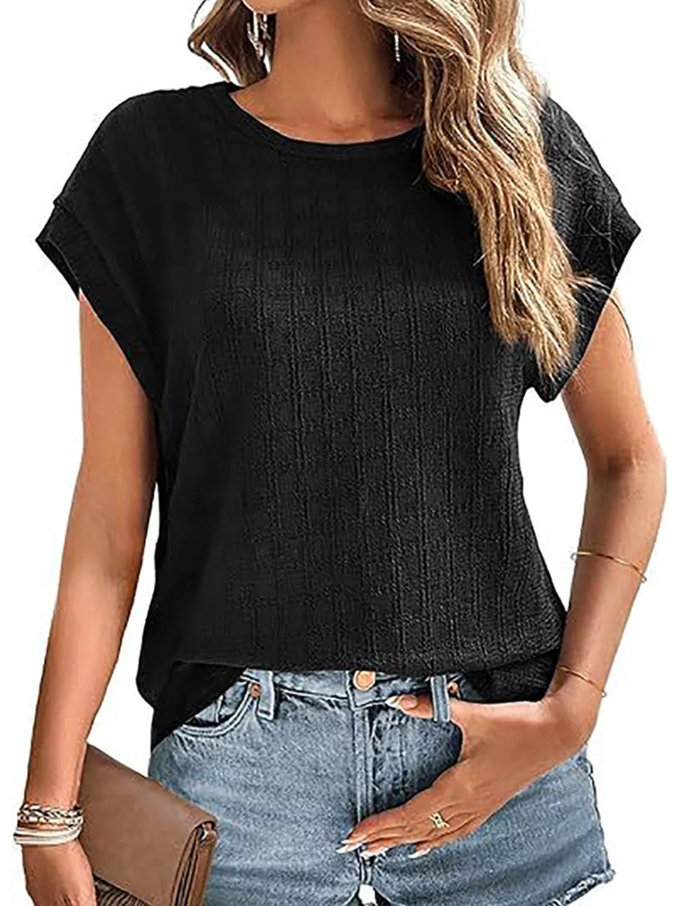Textured Round Neck Short Sleeve Top
