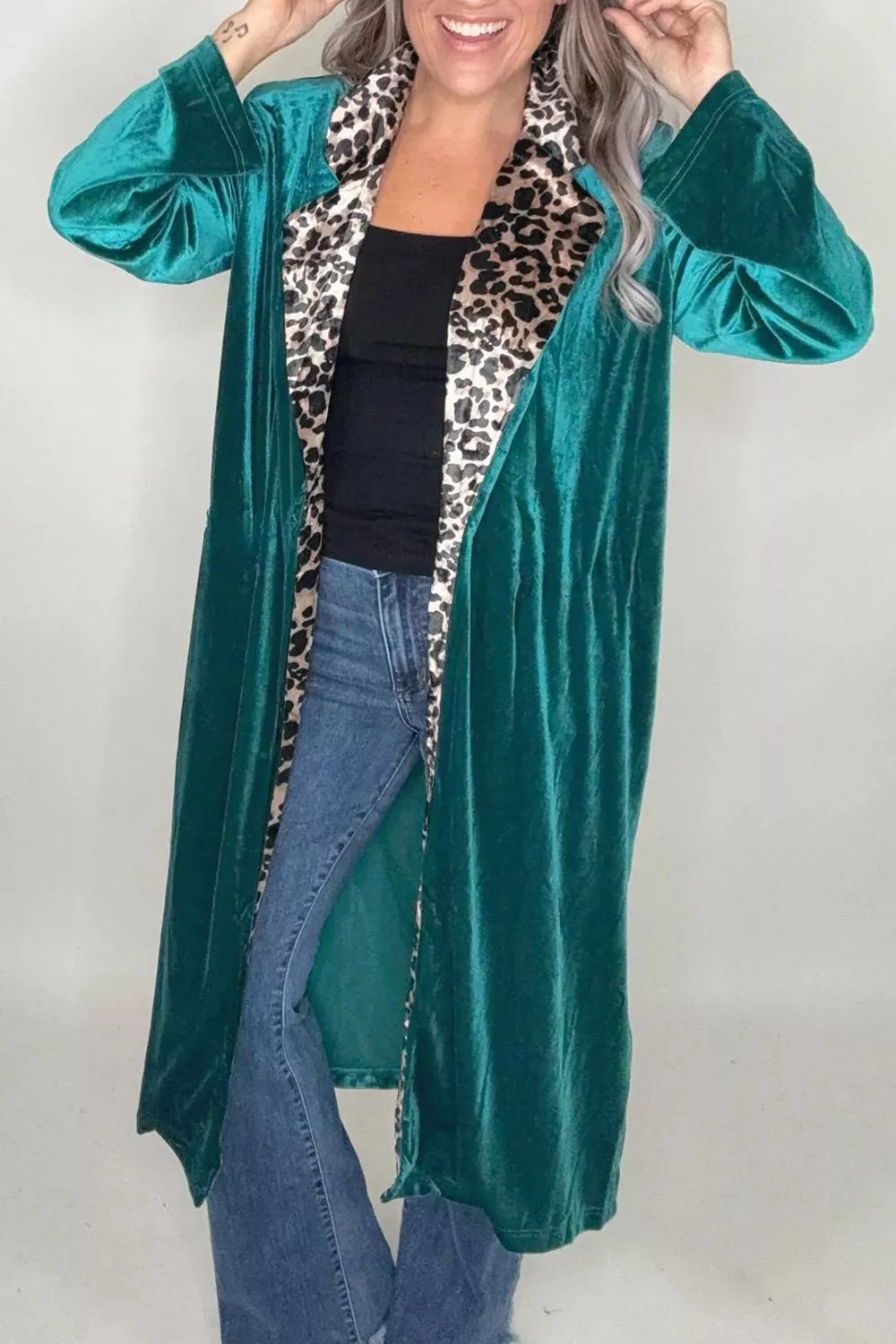 Velvet Contrast Leopard Print Lapel Collar Open Front Cardigan