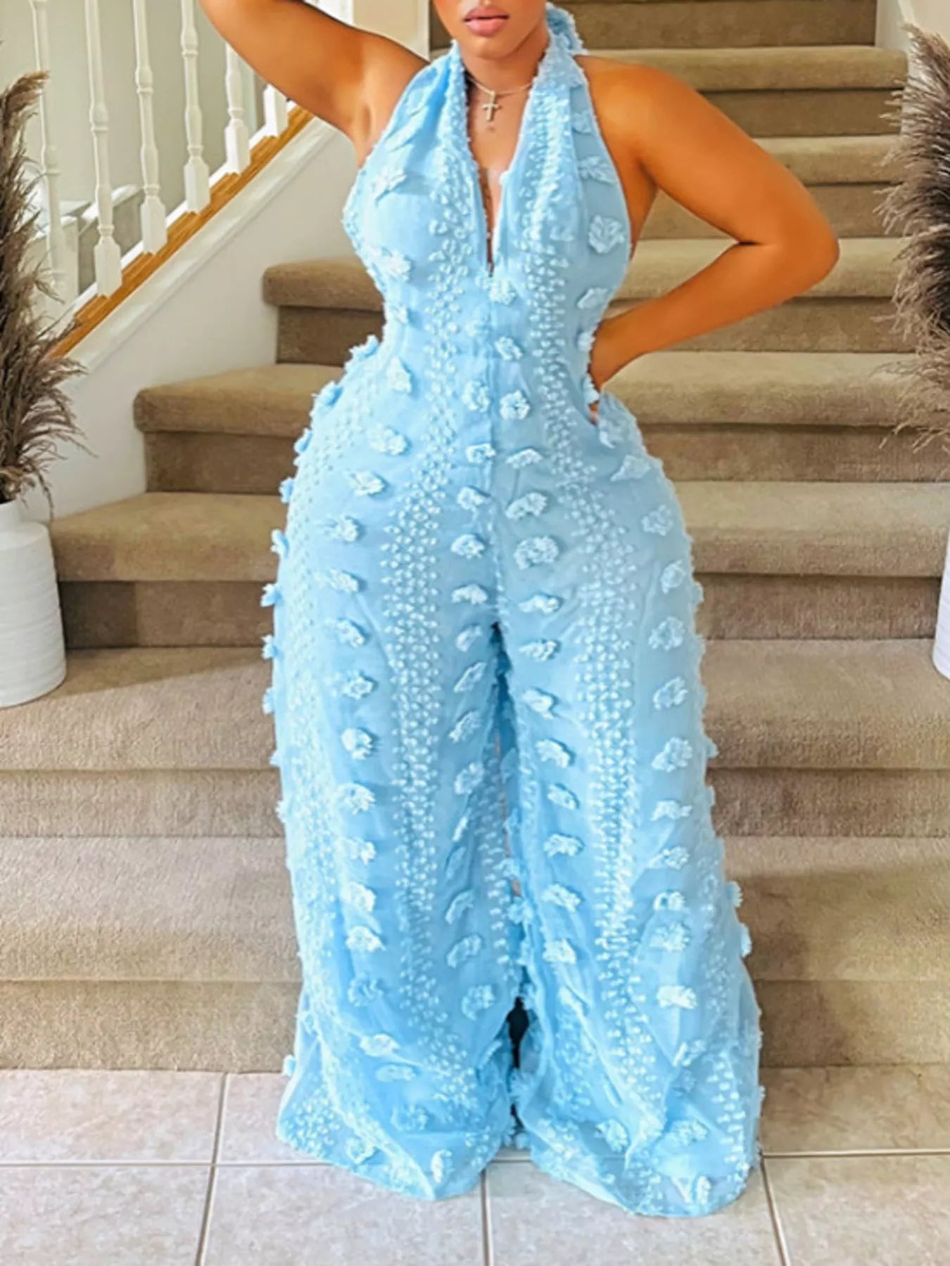 Textured Halter Wide-Leg Jumpsuit