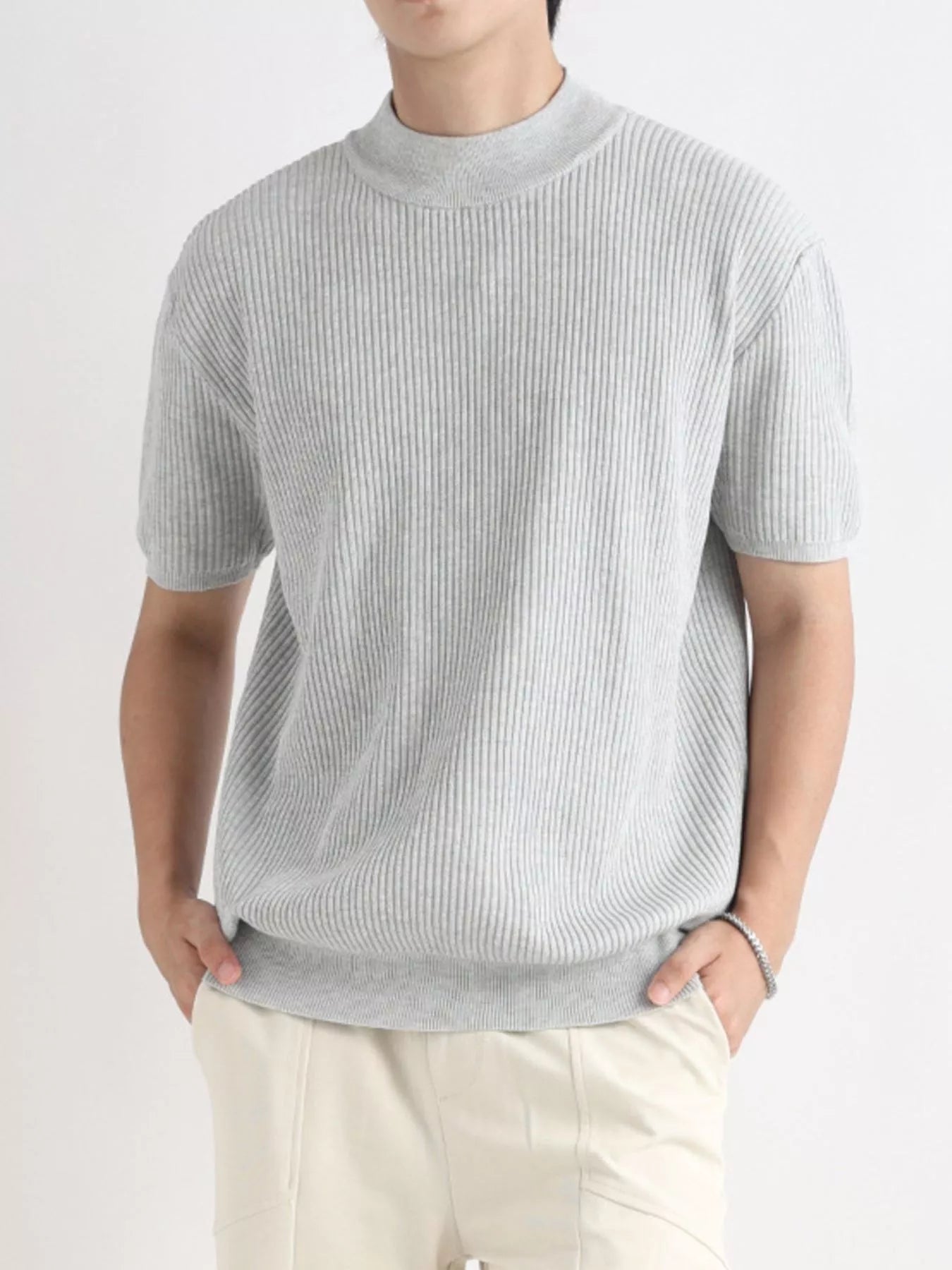 Men's Plus Size Ribbed Knit Mock Neck Short Sleeve T-Shirt