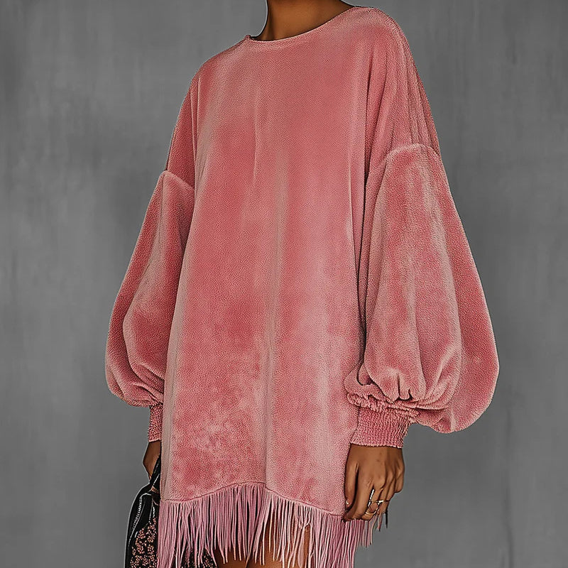Women's Fringe Hem Mini Dress, Drop Shoulder Long Sleeve Casual Short Dress (See size chart where applicable)