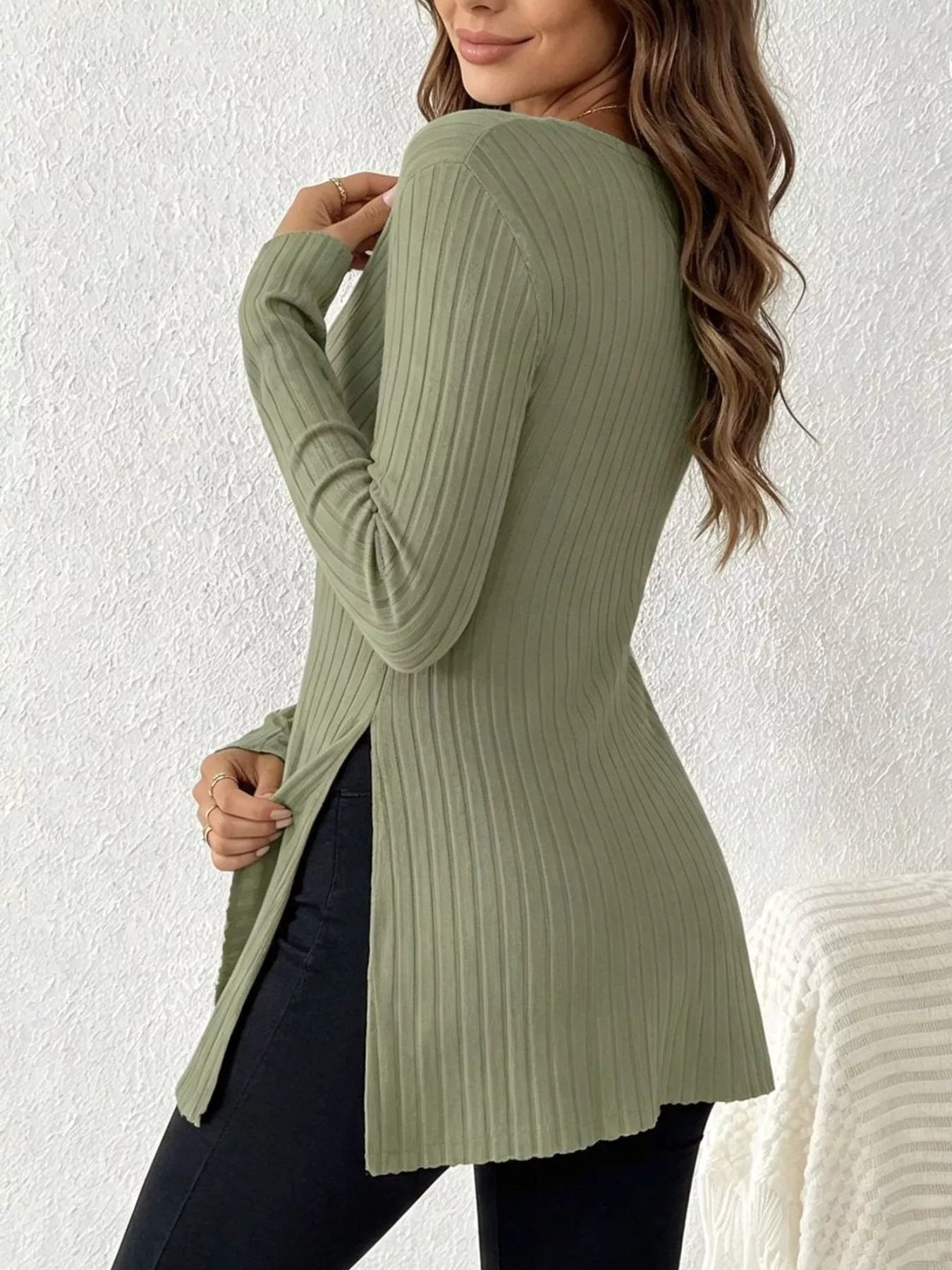 Ribbed Knit Long Sleeve Wrap T-Shirt
