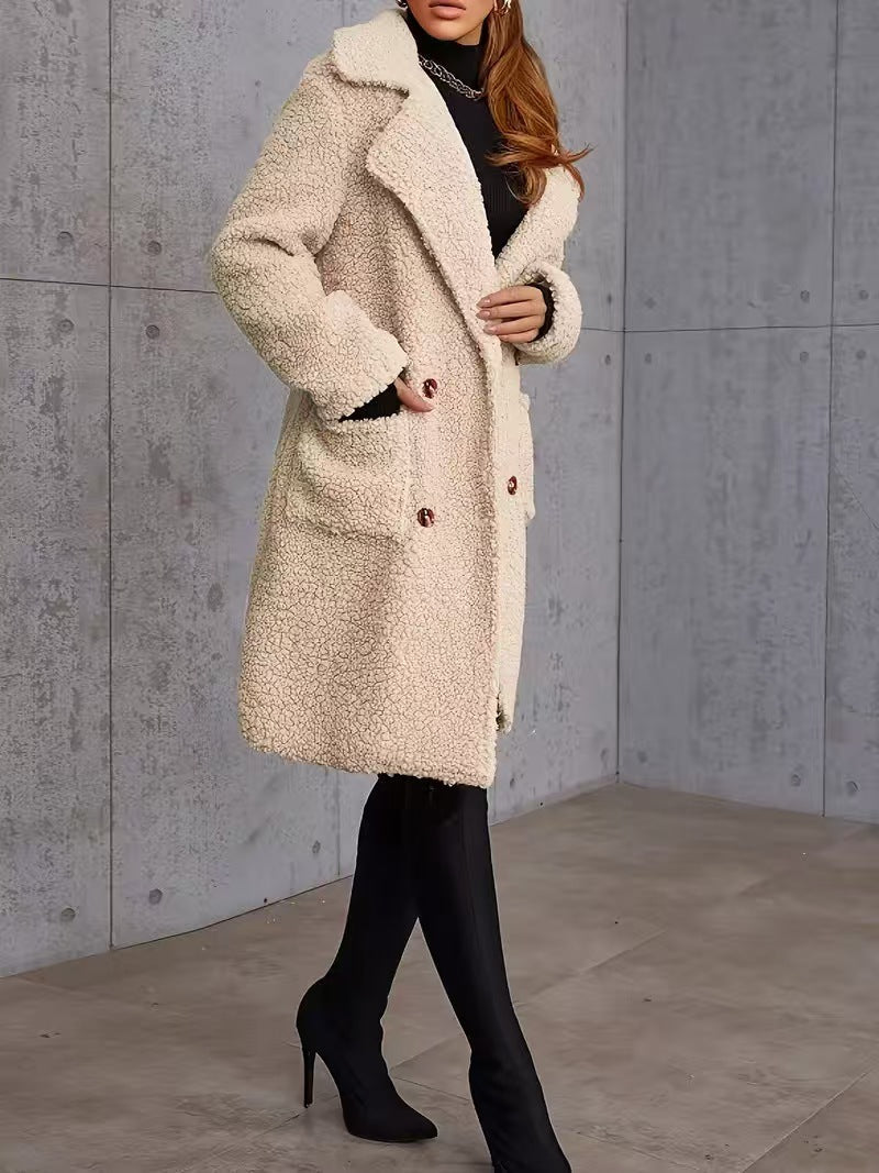 Women's Oversized Teddy Fleece Coat – Double-Breasted Mid-Length