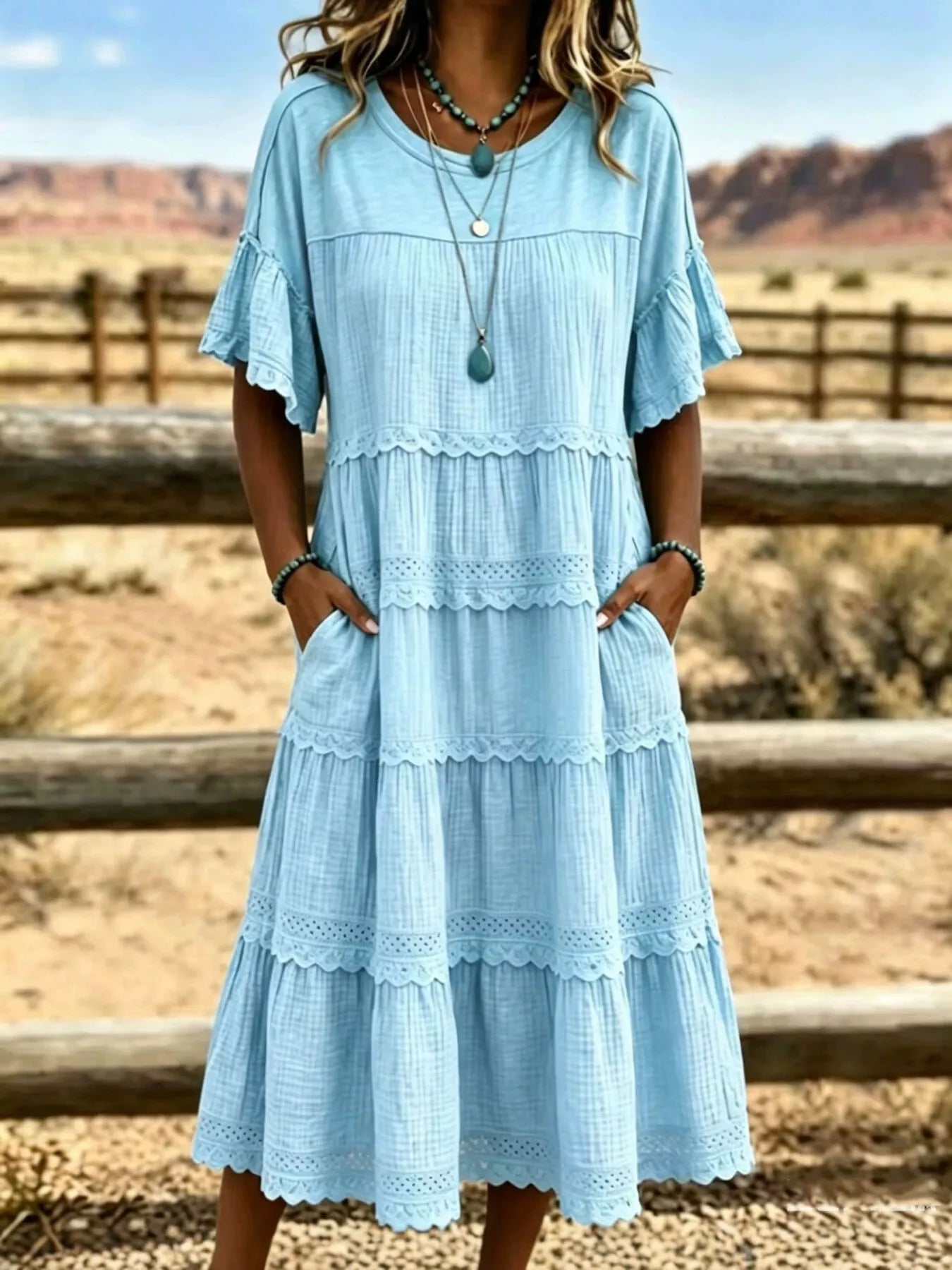 Full Size Tiered Ruffle Sleeve Midi Dress with Pockets Plus Size
