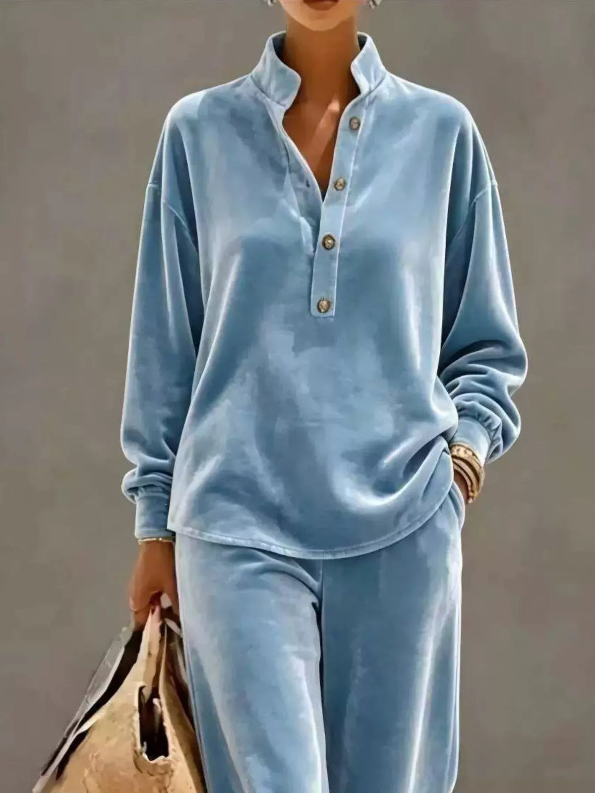 Full Size Half Button Top and Wide Leg Pants Set Plus Size