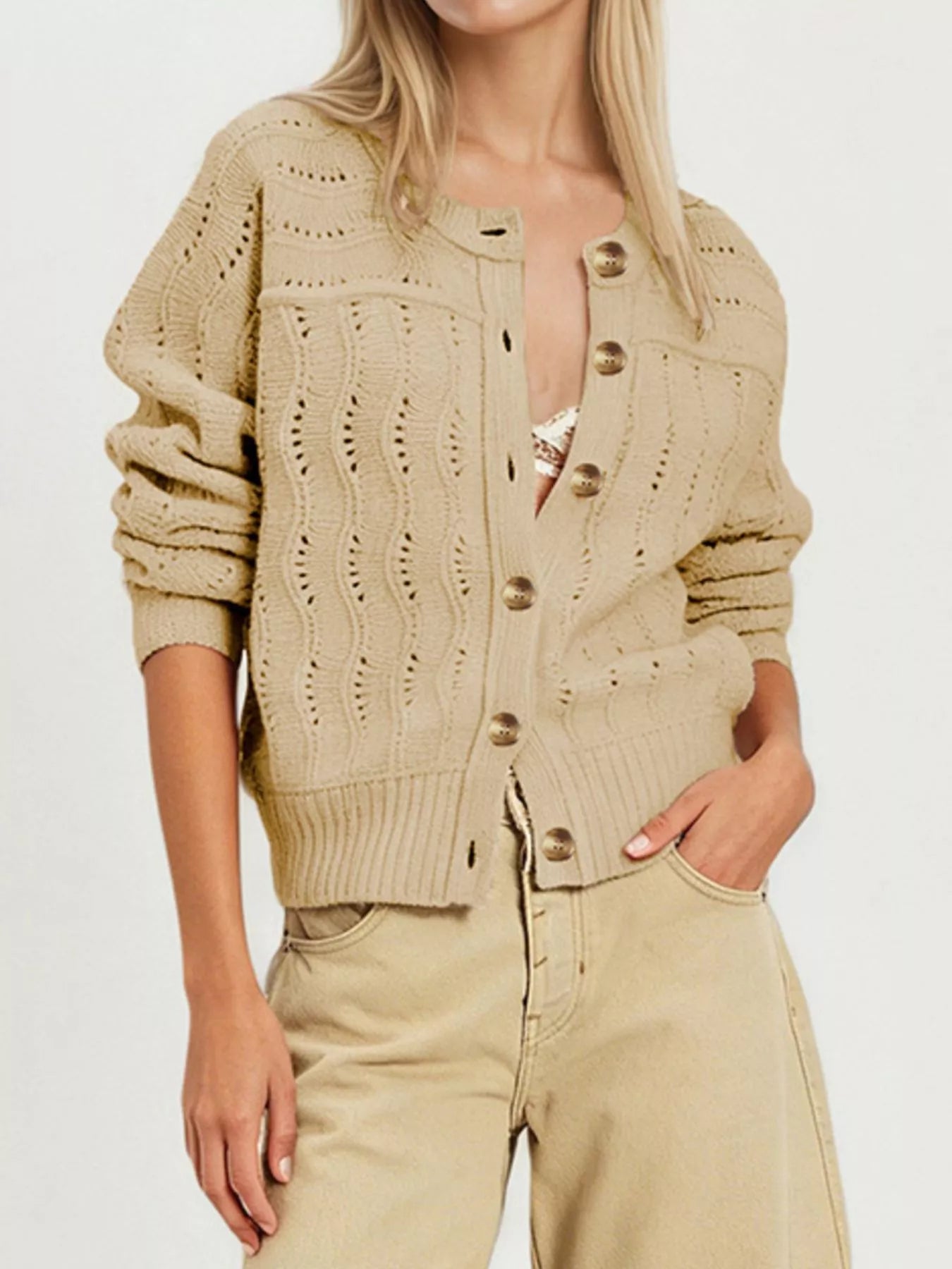 Openwork Button-Down Knit Cardigan