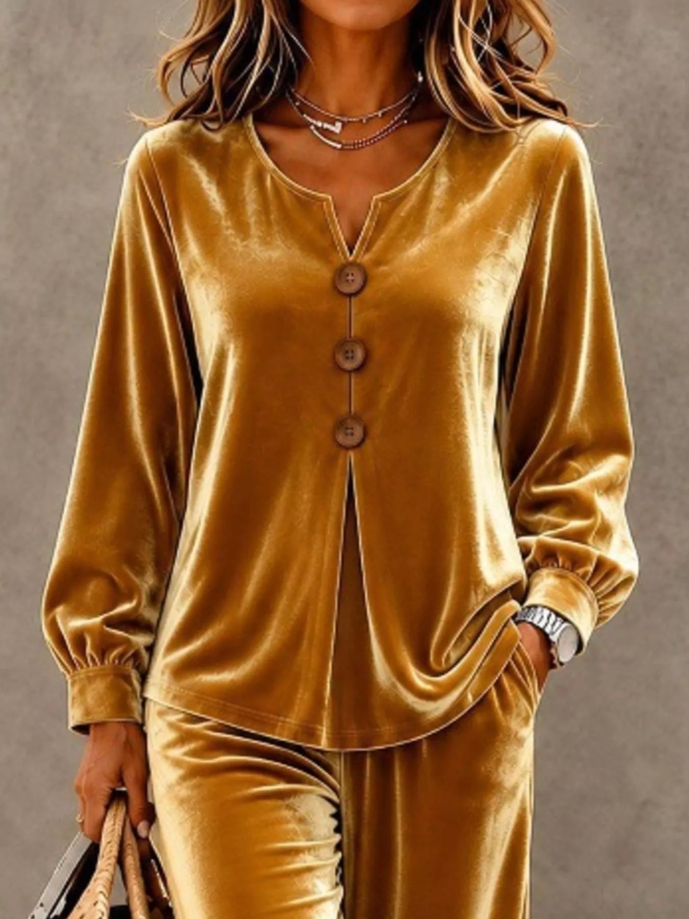 Elegant Velvet Decor-Button Top and Pants Set