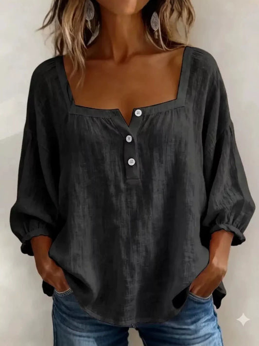 Full Size Square Neck Button Detail Blouse Plus Size