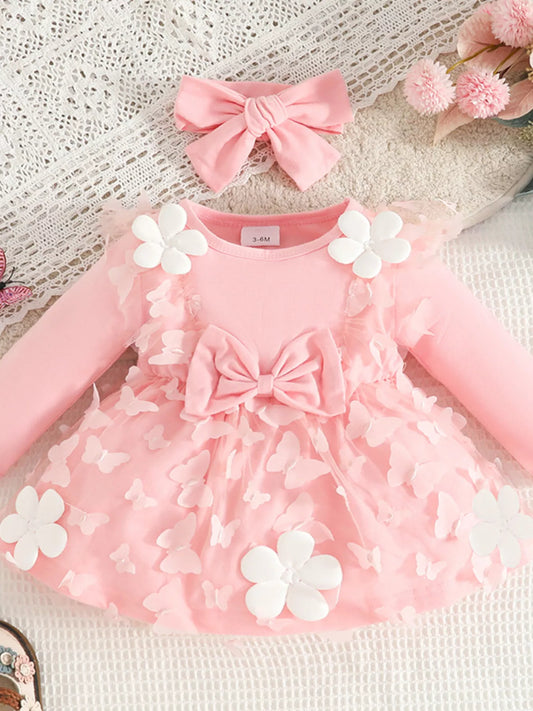 Children's Butterfly Decor Flower Applique Dress with Headband