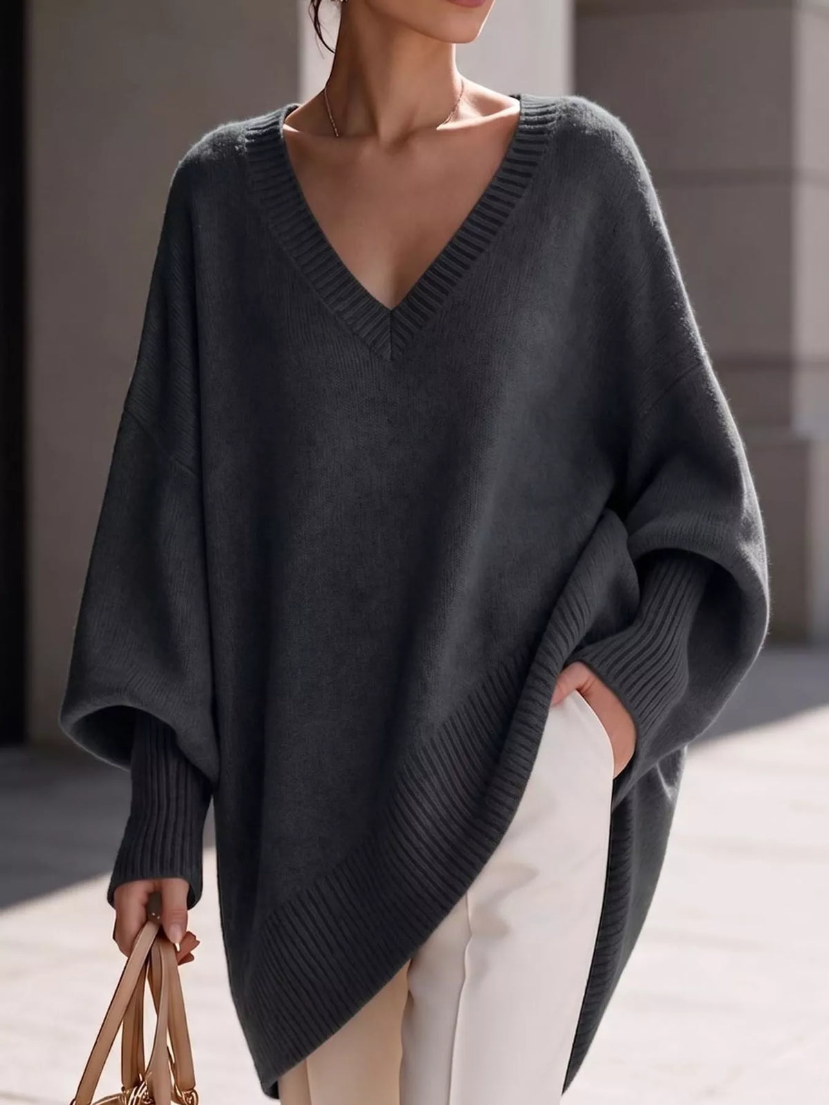 Full Size V-Neck Oversized Batwing Sleeve Sweater Plus Size