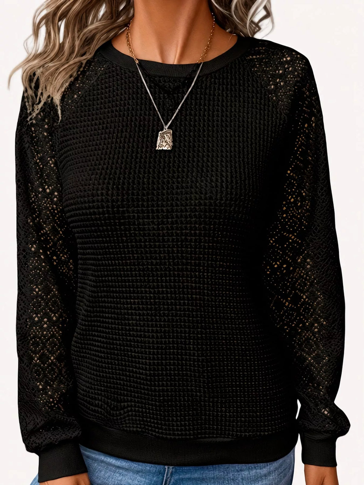 Waffle Knit Lace Sleeve T-Shirt
