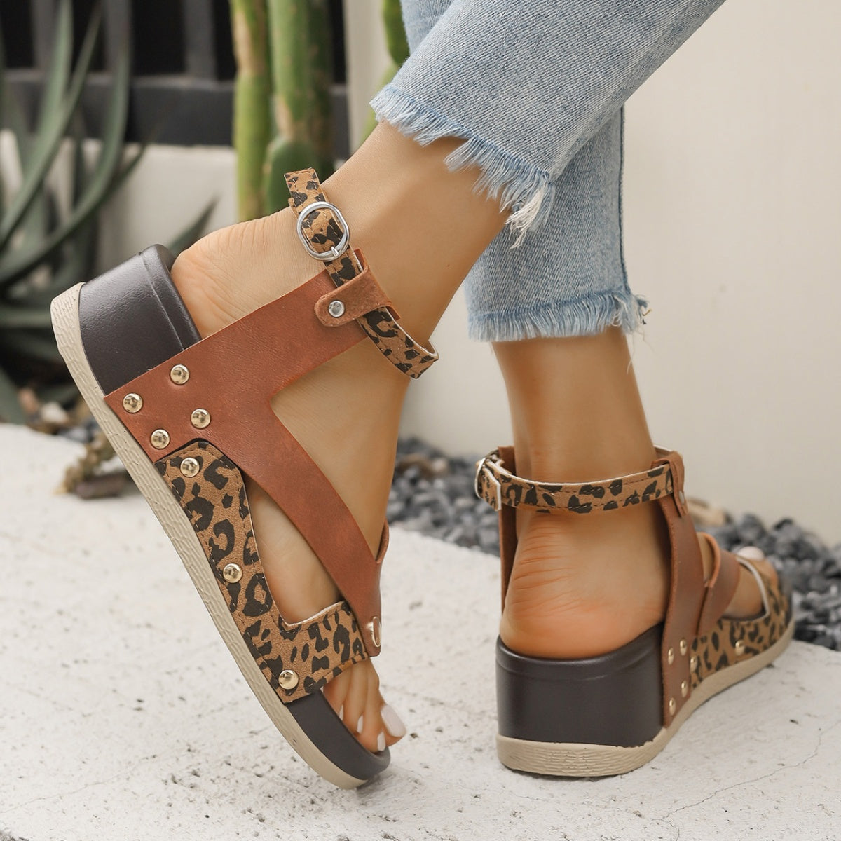 Leopard Ankle Strap Wedge Sandals