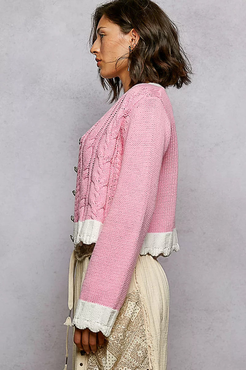 POL Button Down Cable-Knit Cardigan with Contrast Border Accents