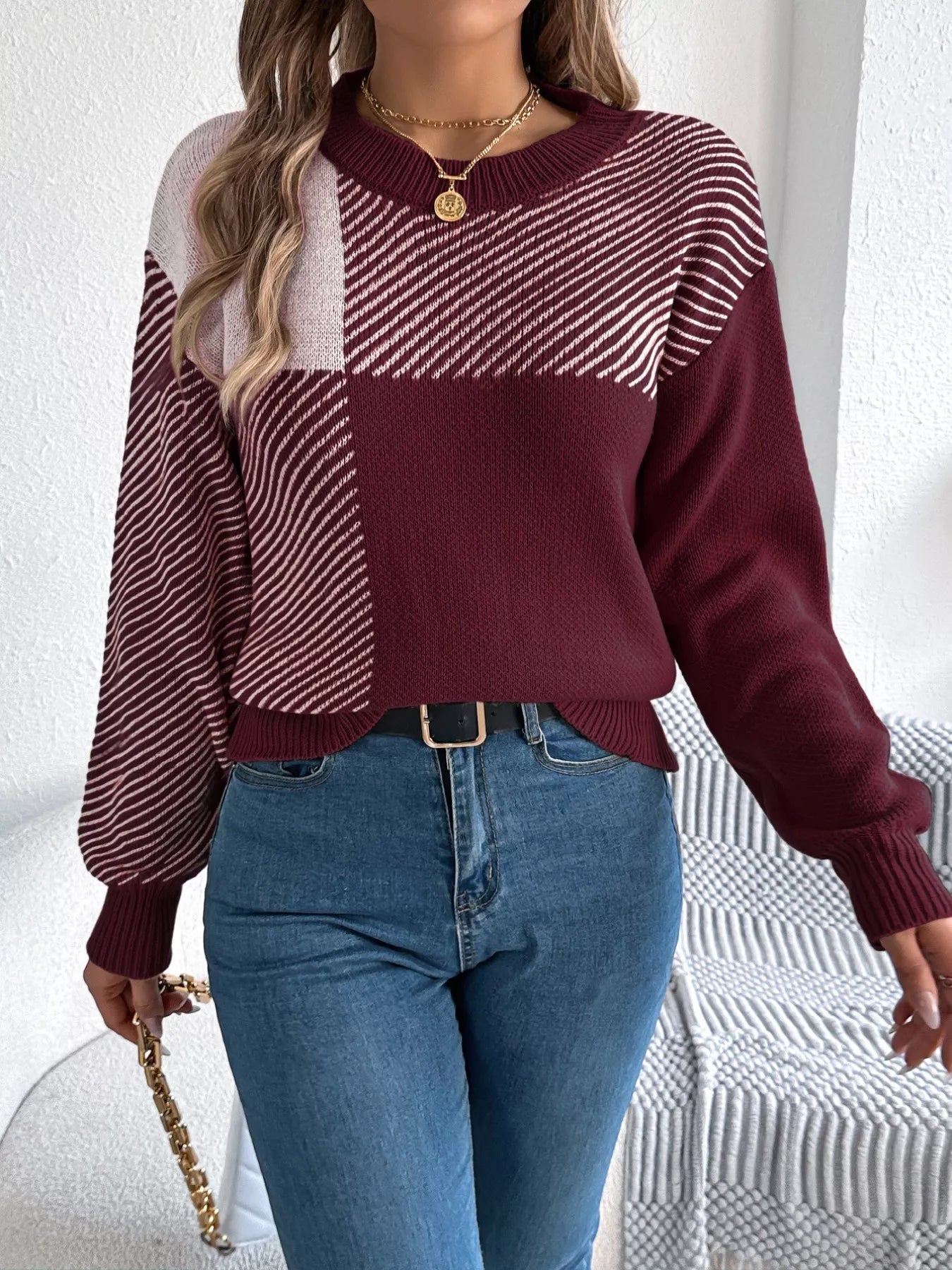 Color Block Striped Round Neck Sweater