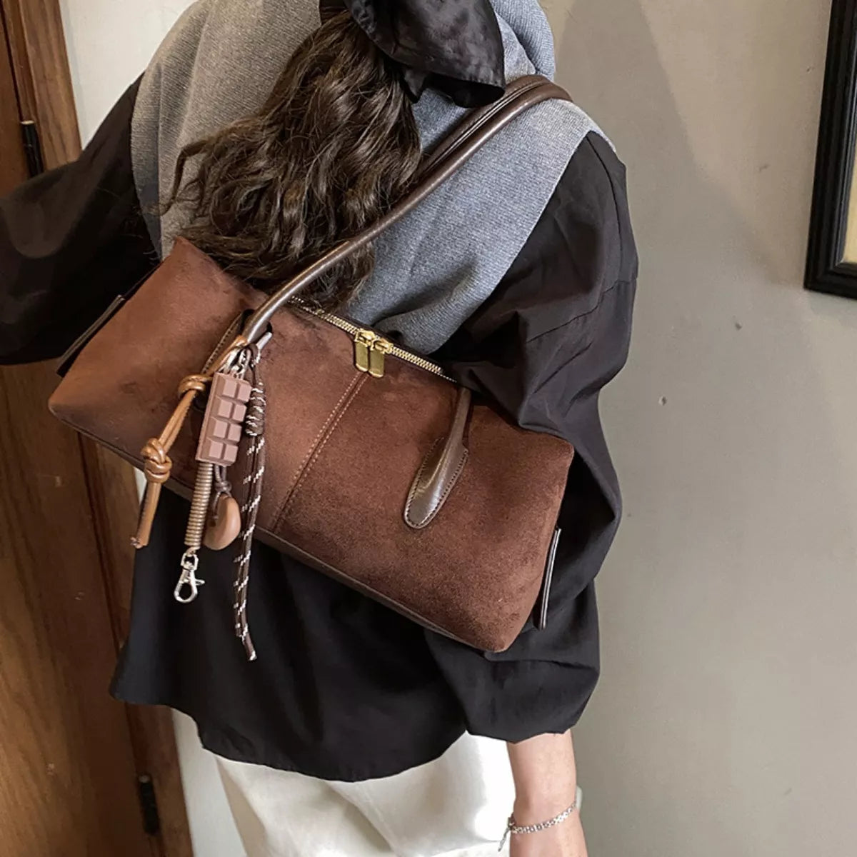 Elegant Suede Shoulder Bag with Pendant