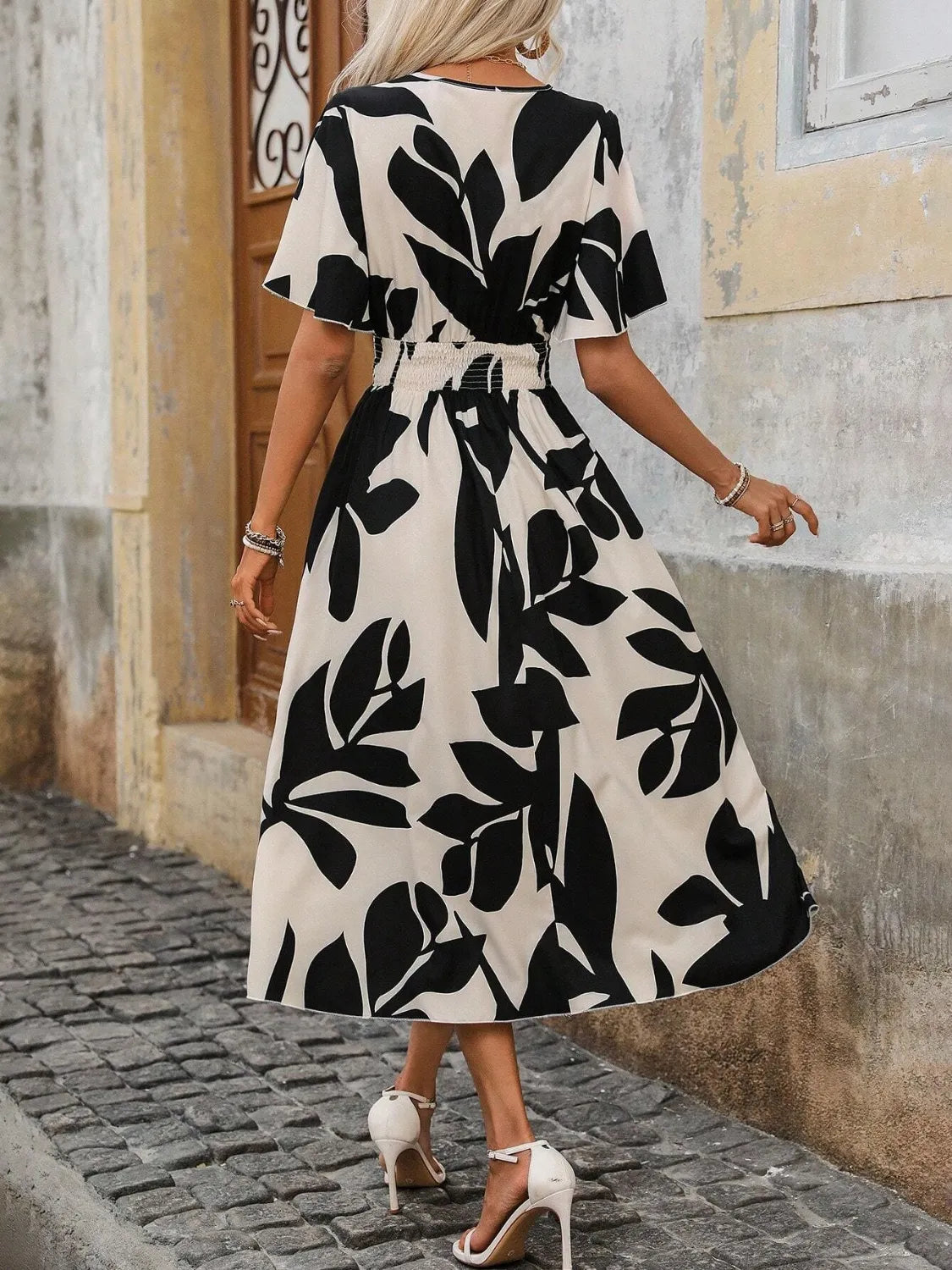 Printed Surplice Short Sleeve Midi Dress
