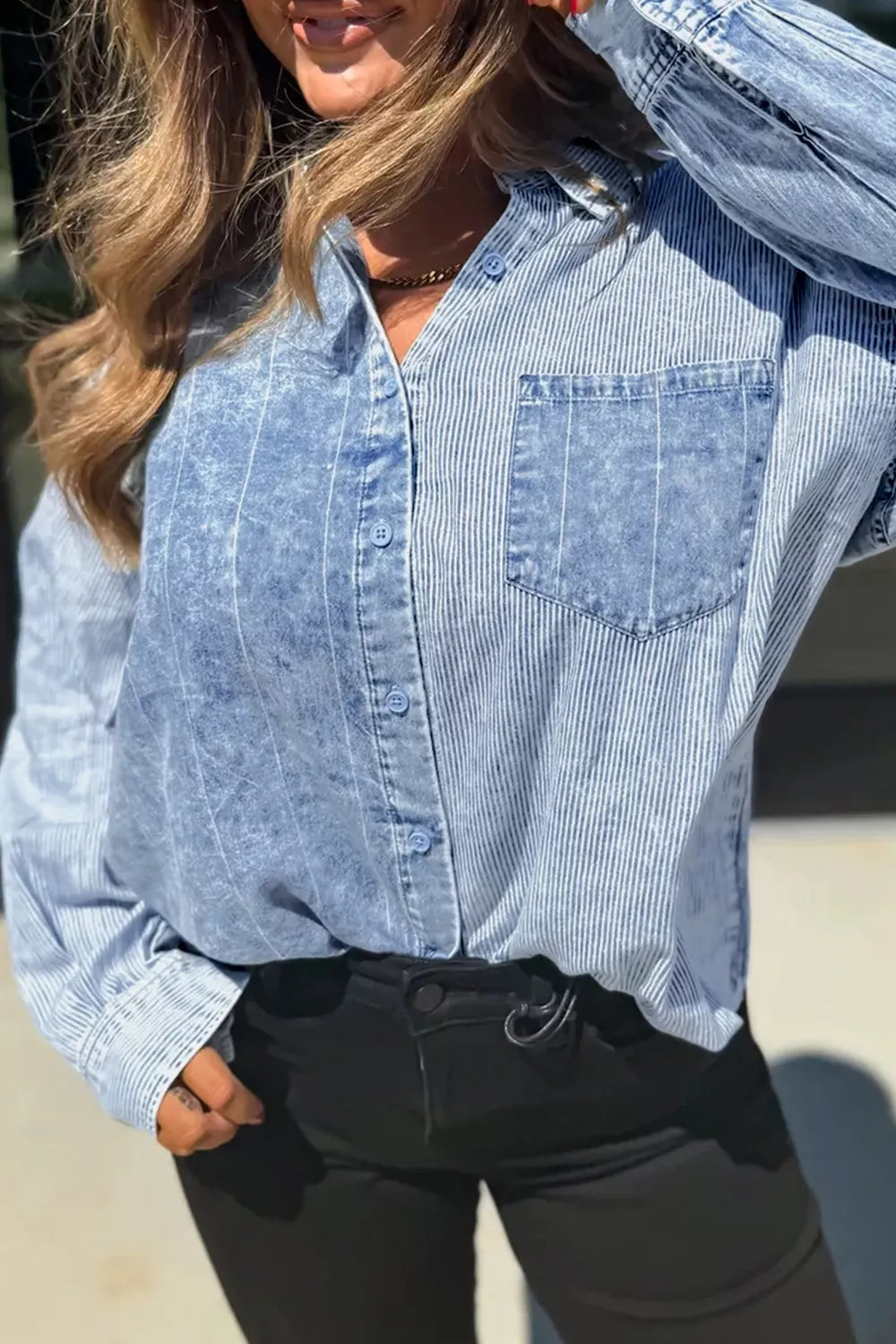 Button-Down Front Striped Denim Shirt