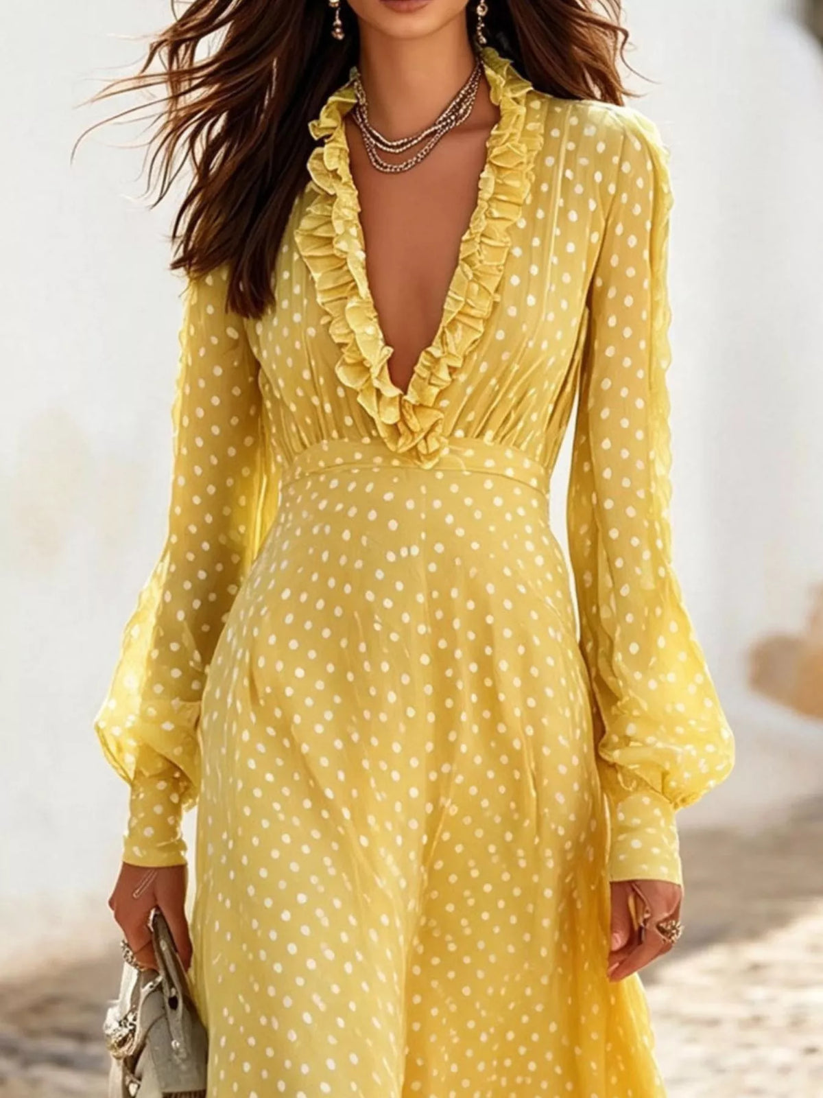 Full Size Polka Dot Ruffle V-Neck Maxi Dress Plus Size