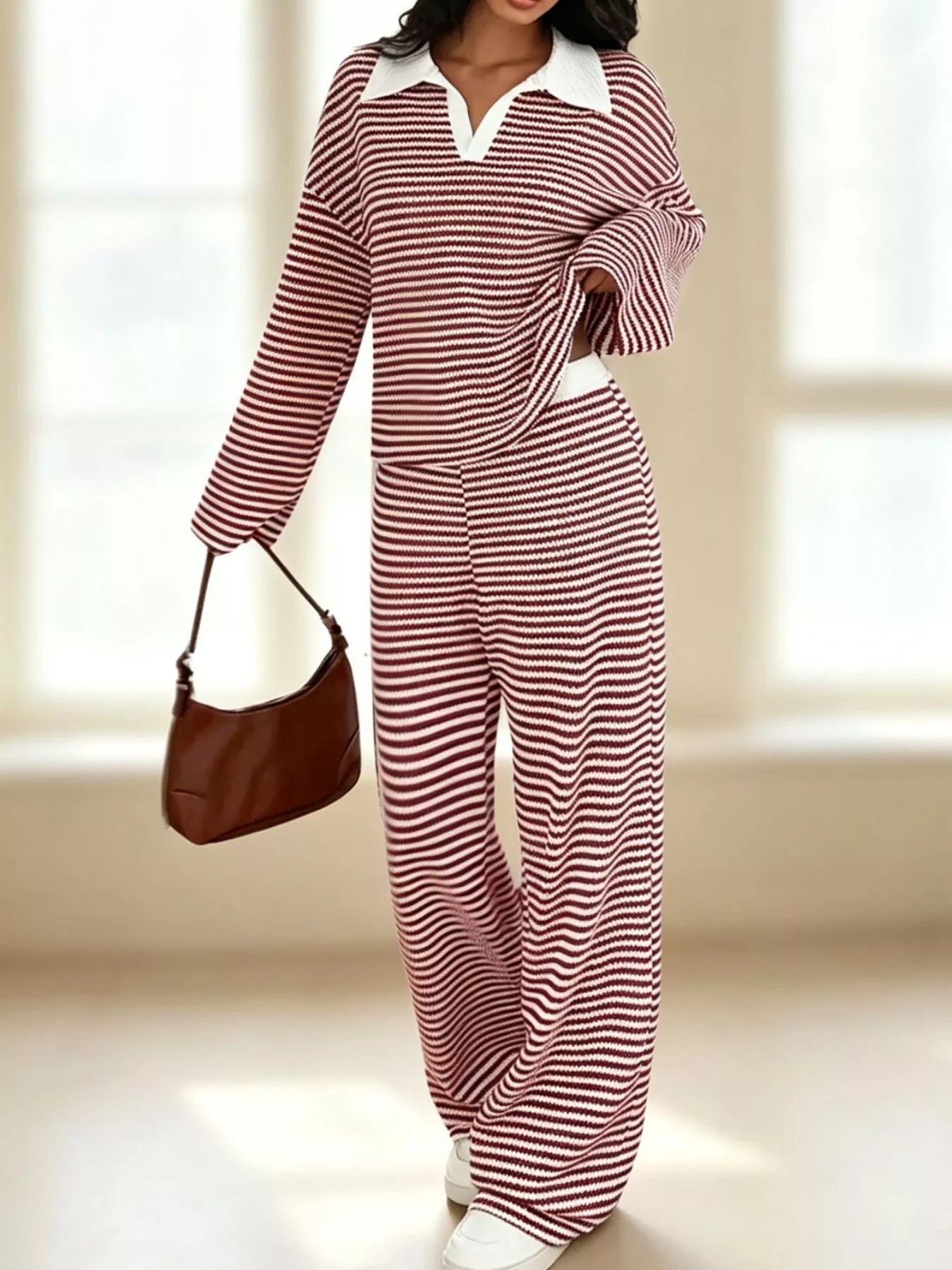 Striped Long Sleeve Polo and Wide-Leg Pants Set