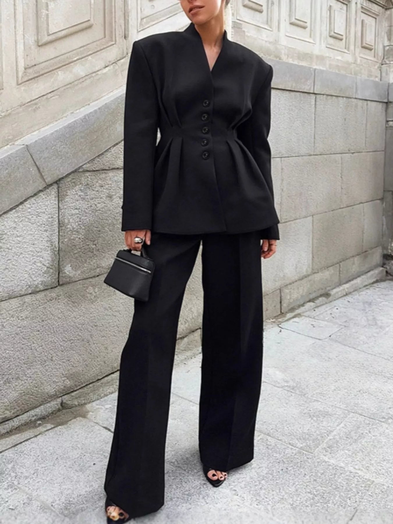 Chic Button Down Pleated Blazer and Wide-Leg Pants Suit Set