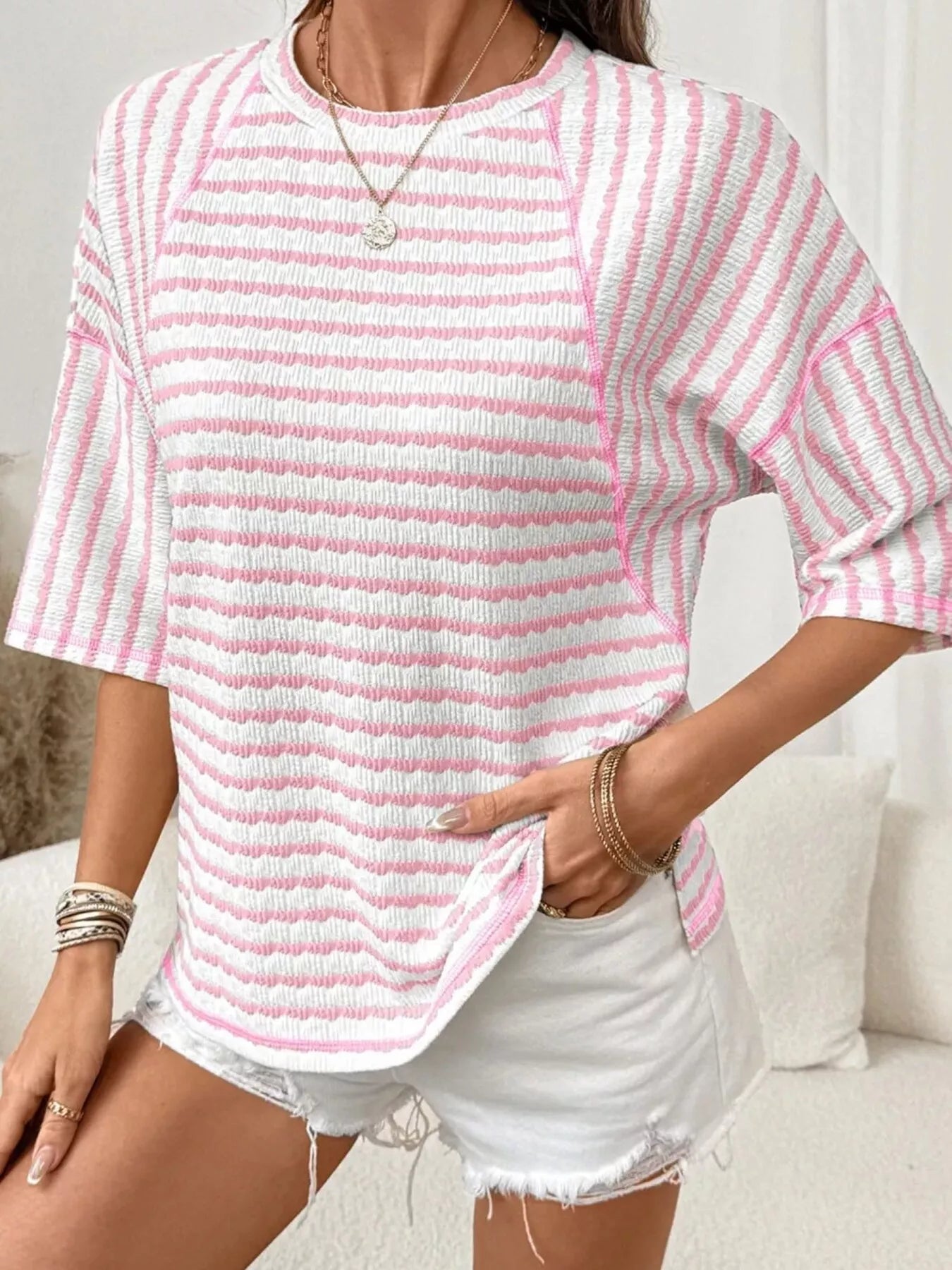 Casual Striped Raglan Sleeve Textured T-Shirt