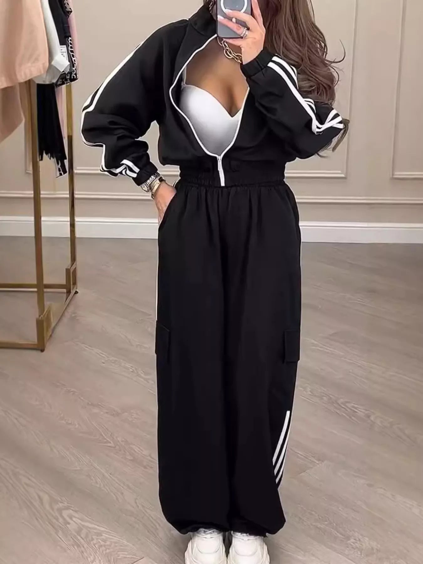Full Size Side Striped Zip Up Outerwear and Pants Set Plus Size